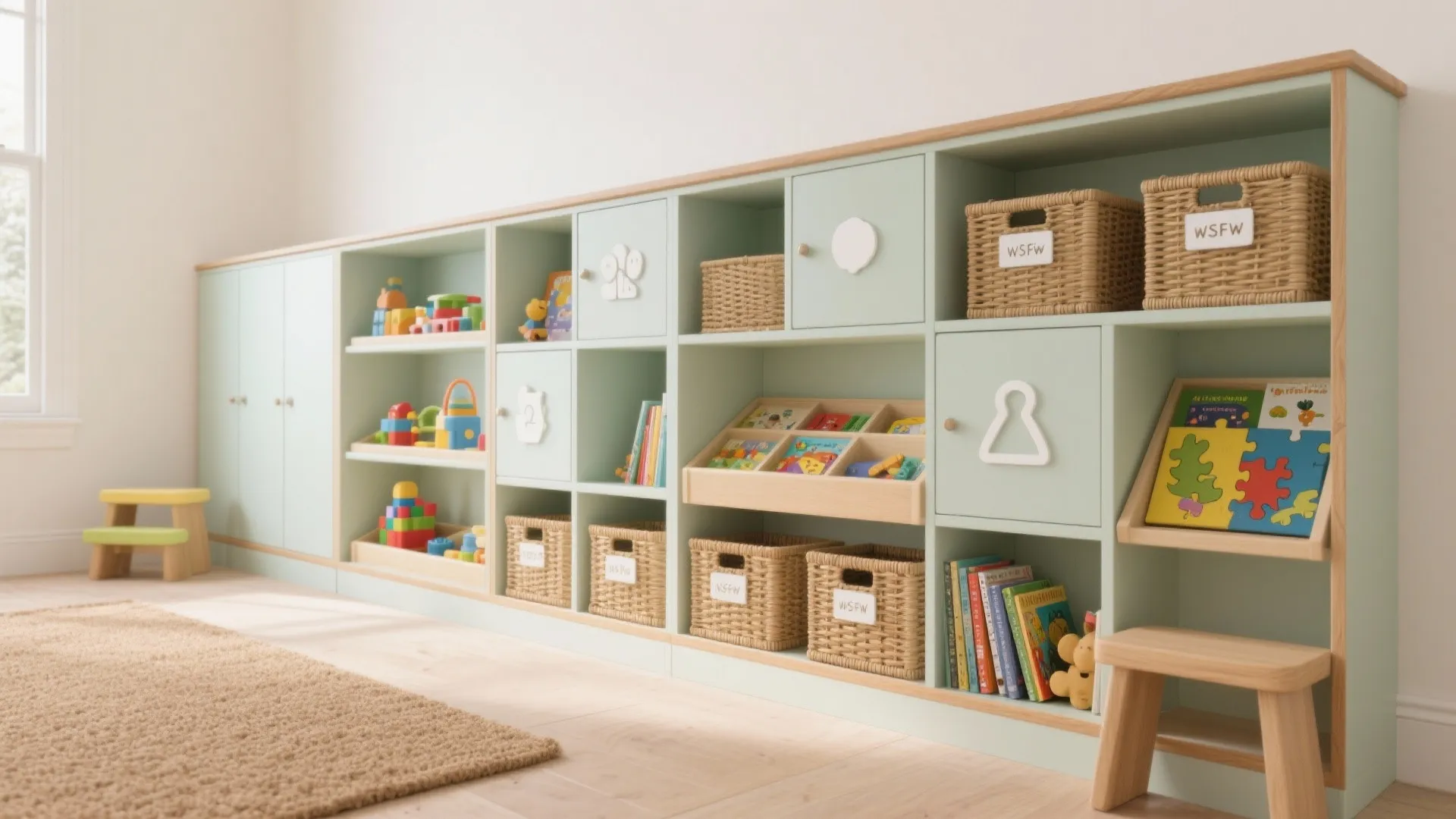Mint green kids storage cabinet with wooden shelves woven baskets colorful toys and books interior design