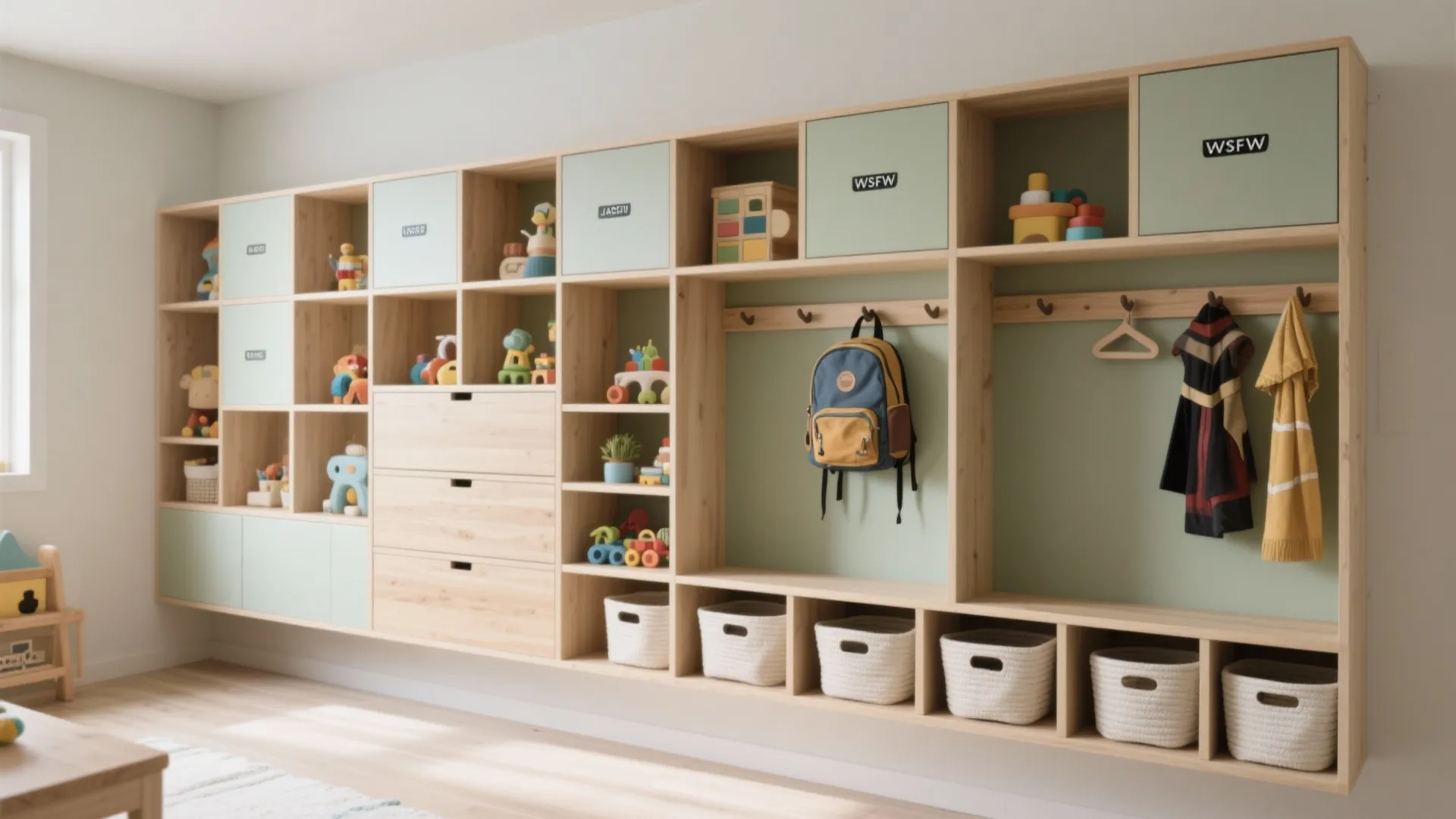 Modular storage wall and toy rotation