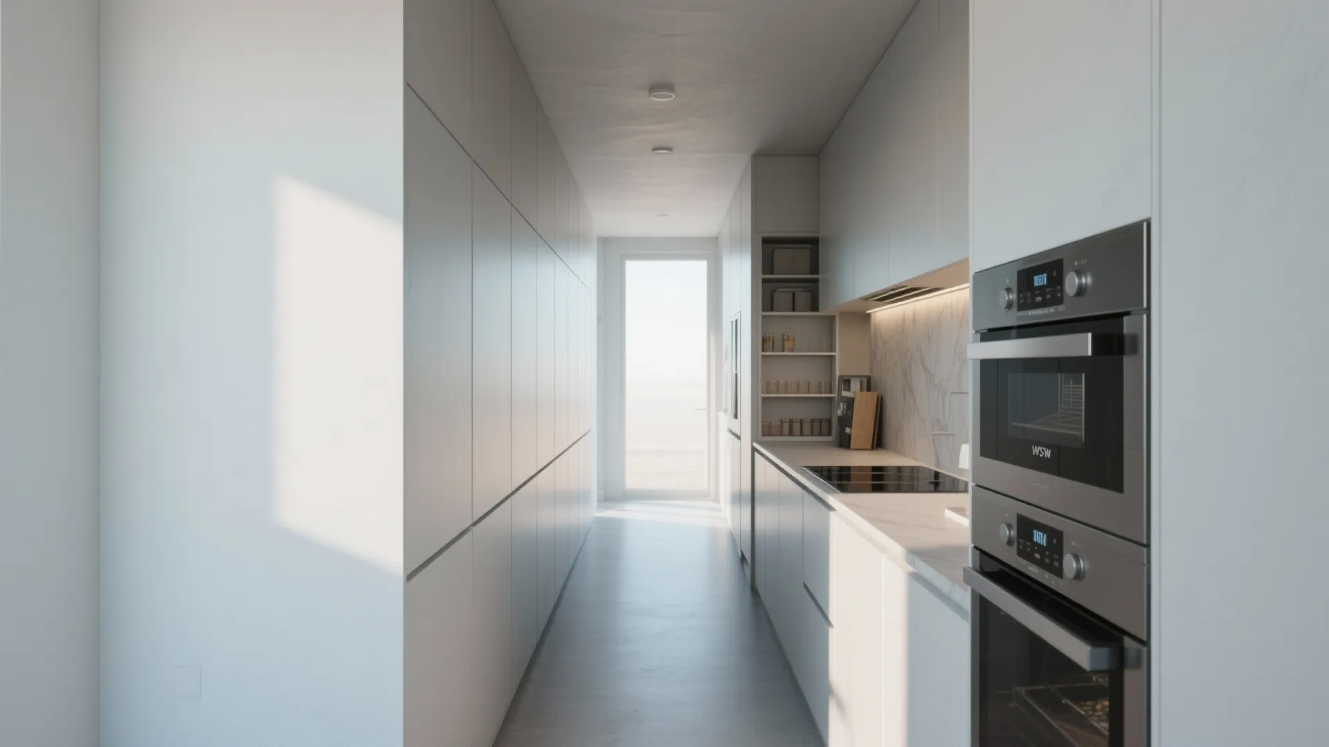 Narrow kitchen layout with white cabinets a wall oven and sunlight coming from the window