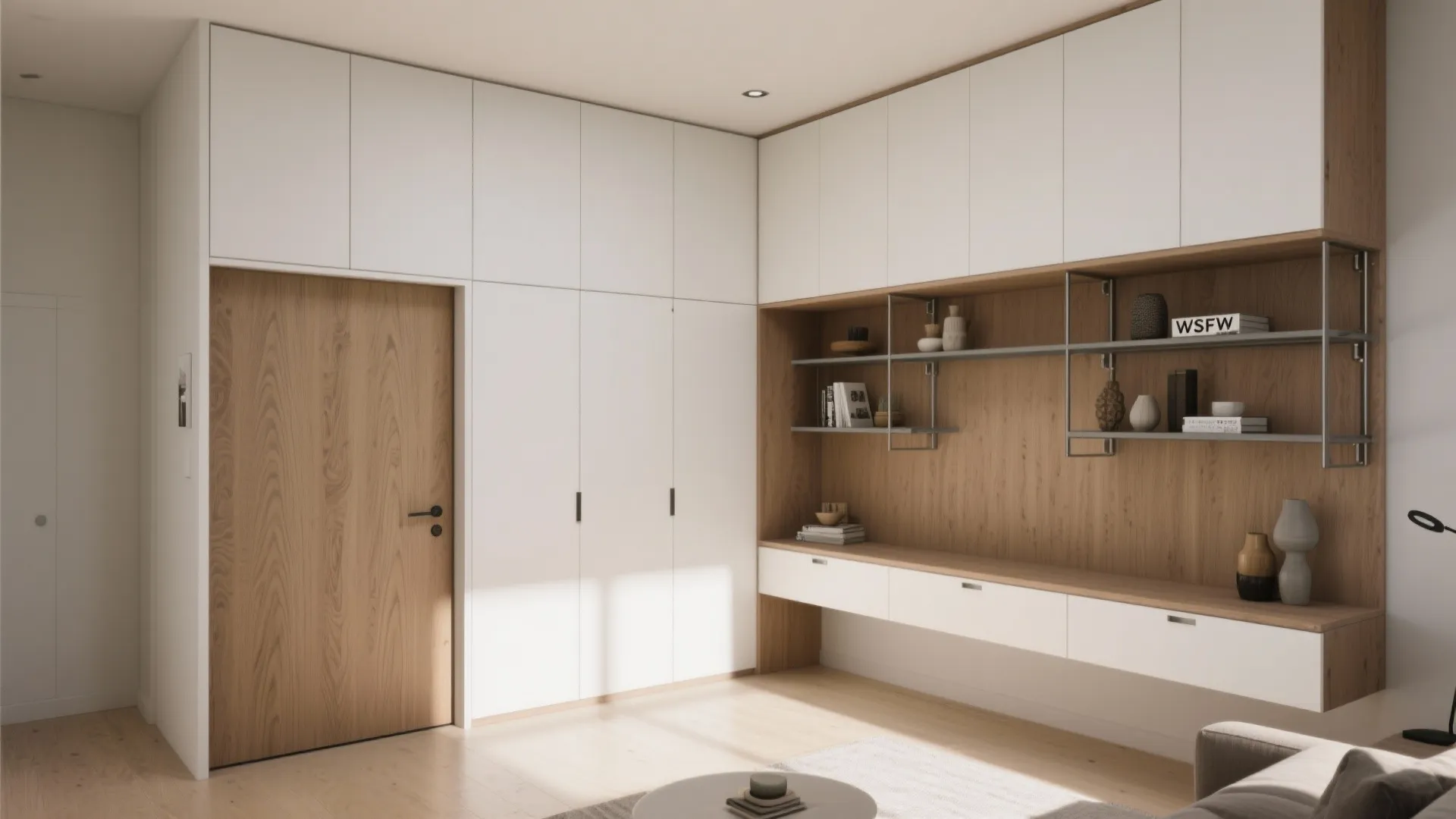 Modern home office with white built-in storage cabinets, wooden desk, wall shelves, and wooden door