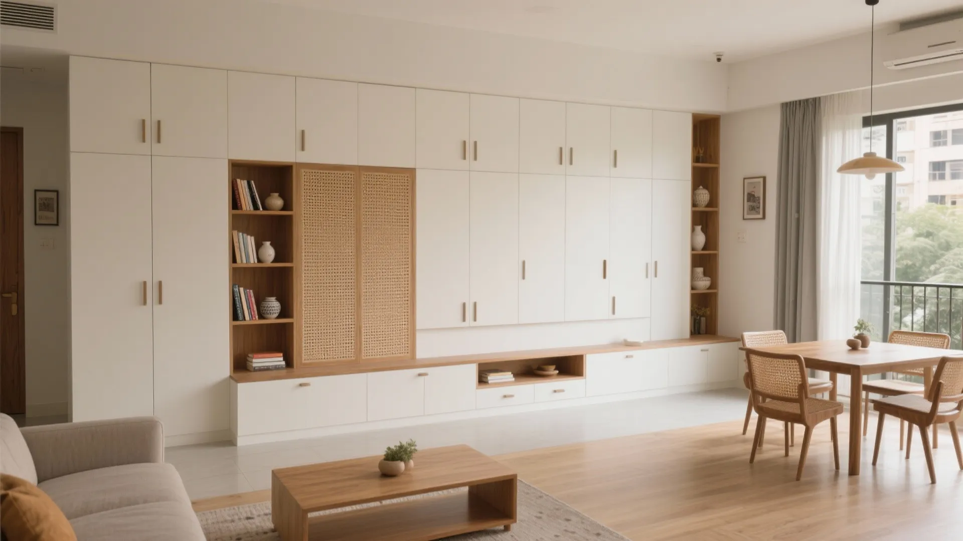 Minimalist Storage Wall for a Calm Living–Dining