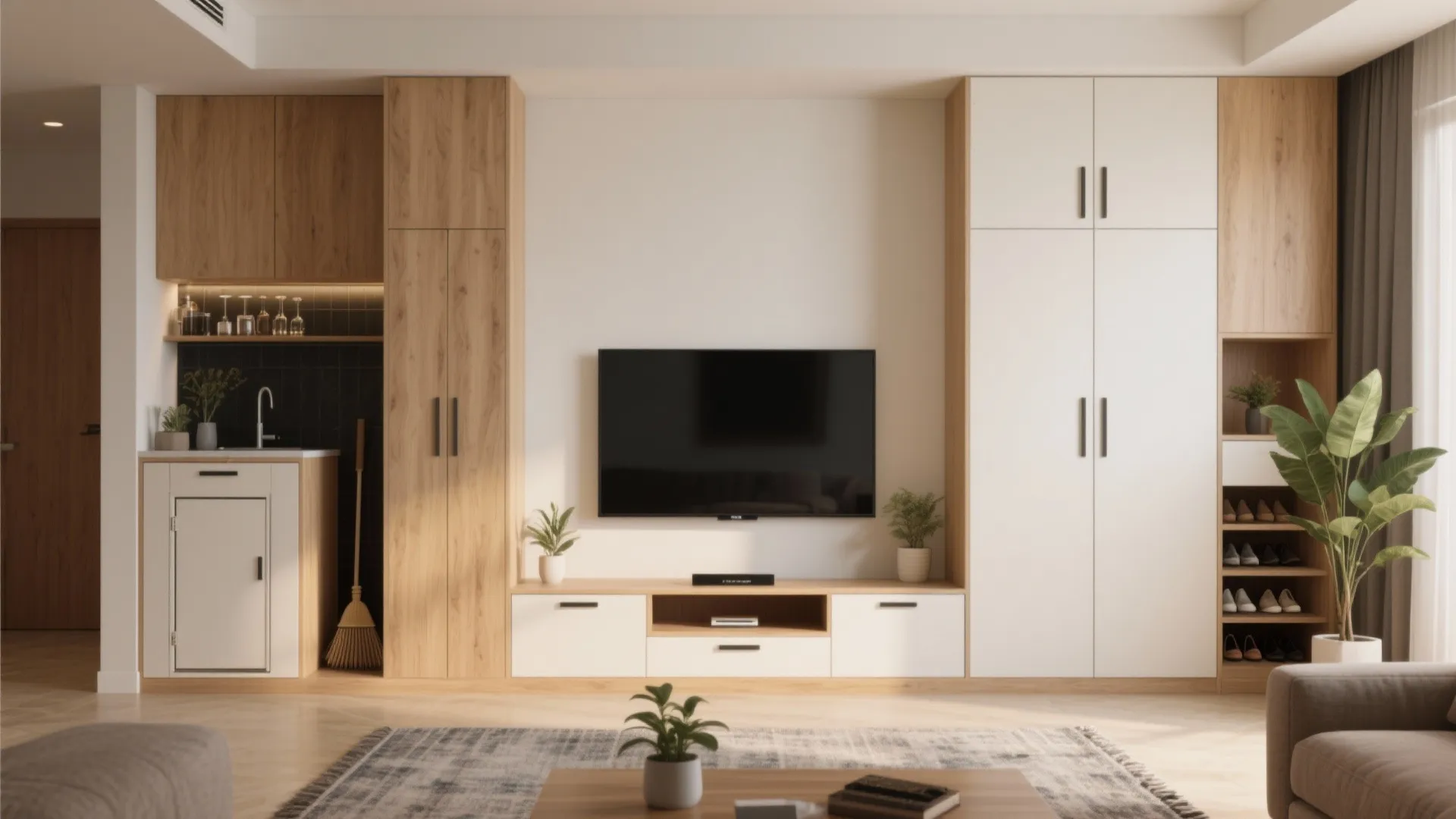 Built-ins: A Storage Wall and Slim Wardrobes That Disappear