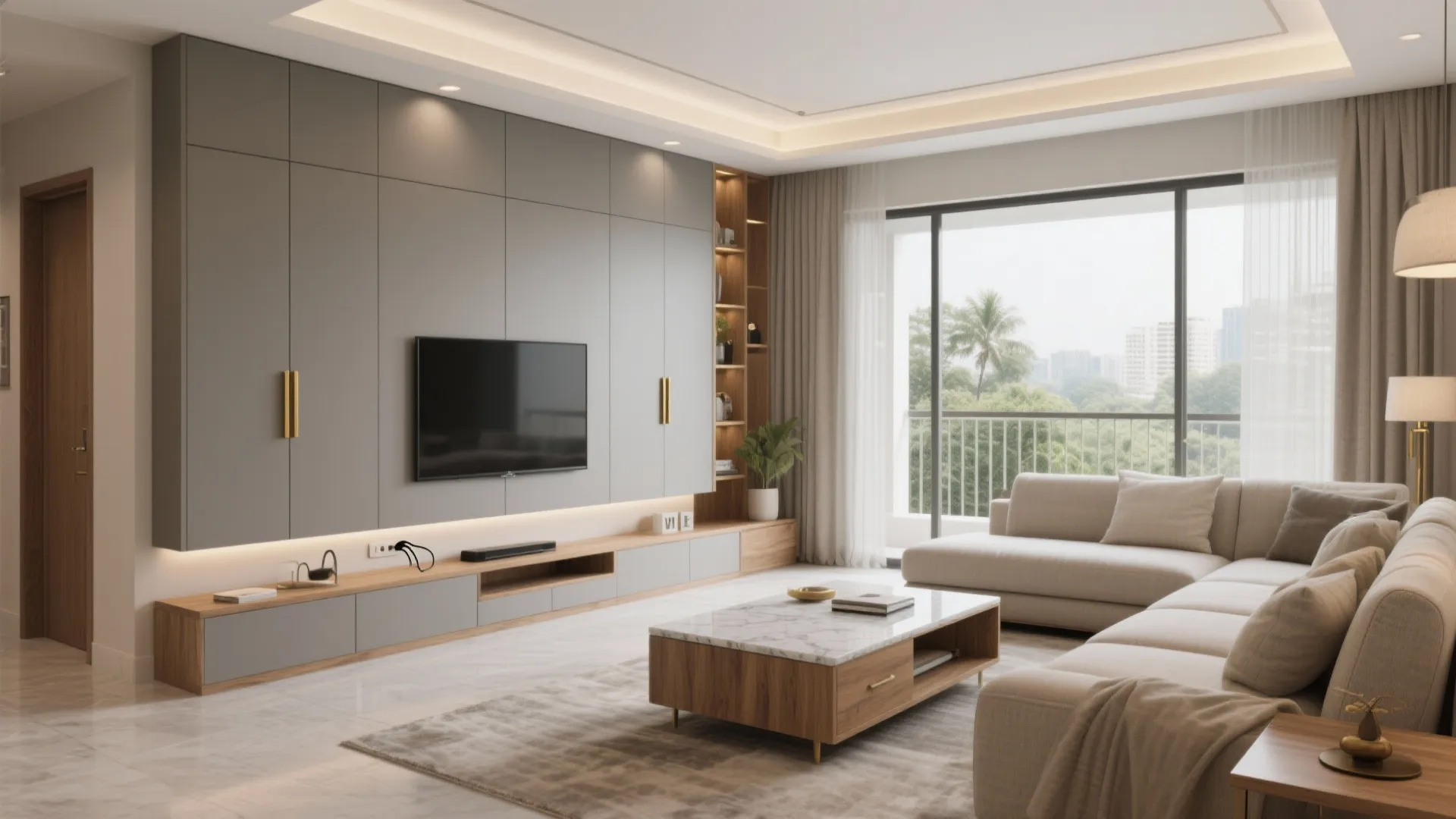 Minimal storage walls for a calm living–dining core