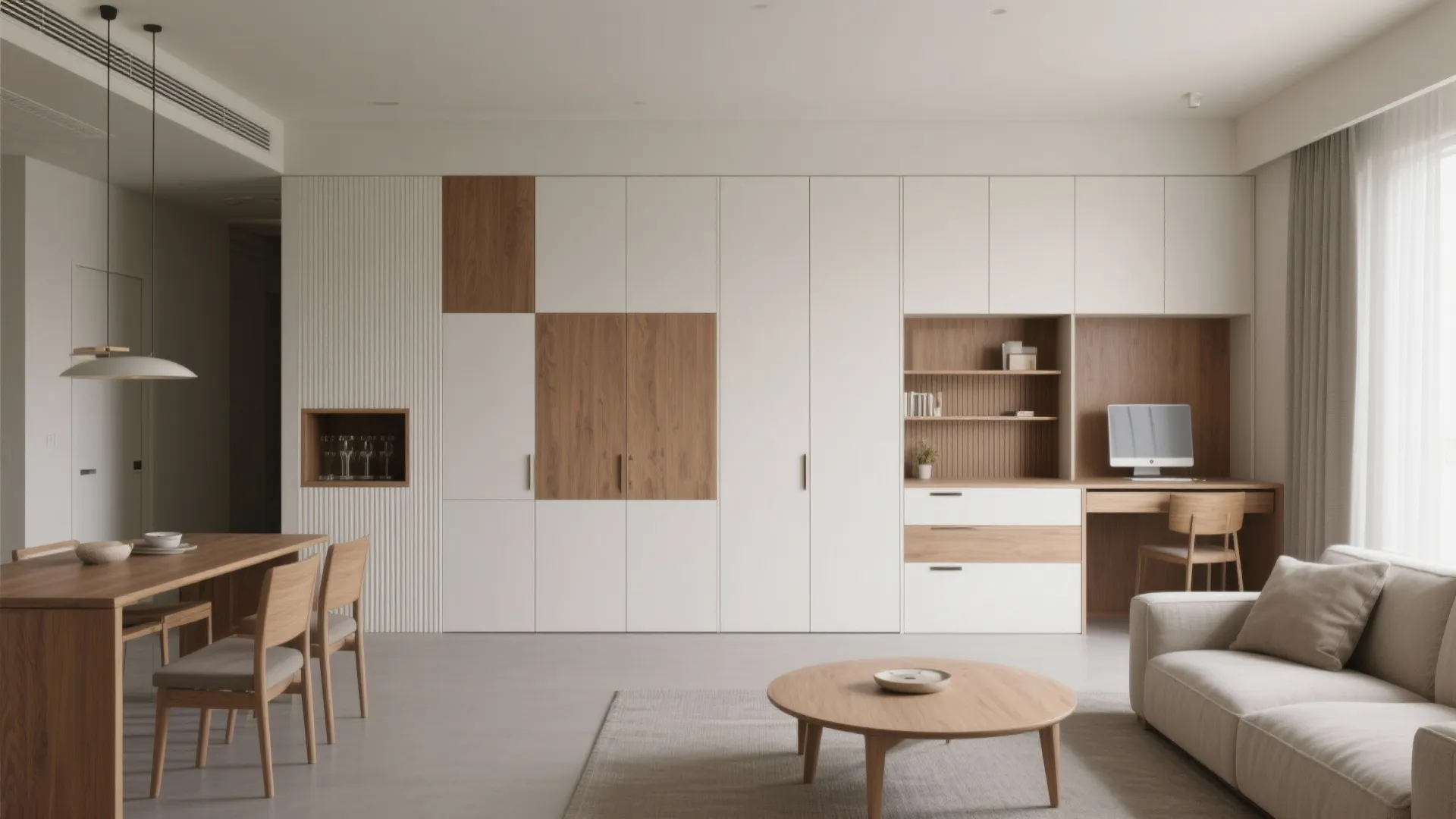 Minimalist Storage Wall for a Calm Living-Dining Core