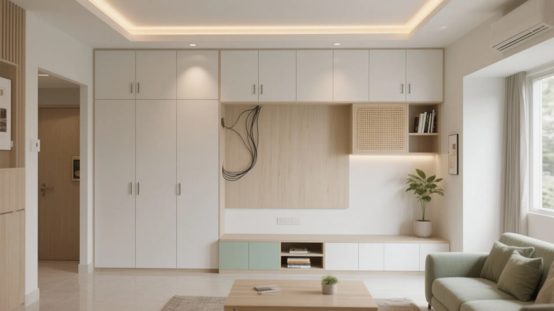 Minimalist storage wall for a calm, roomy living area