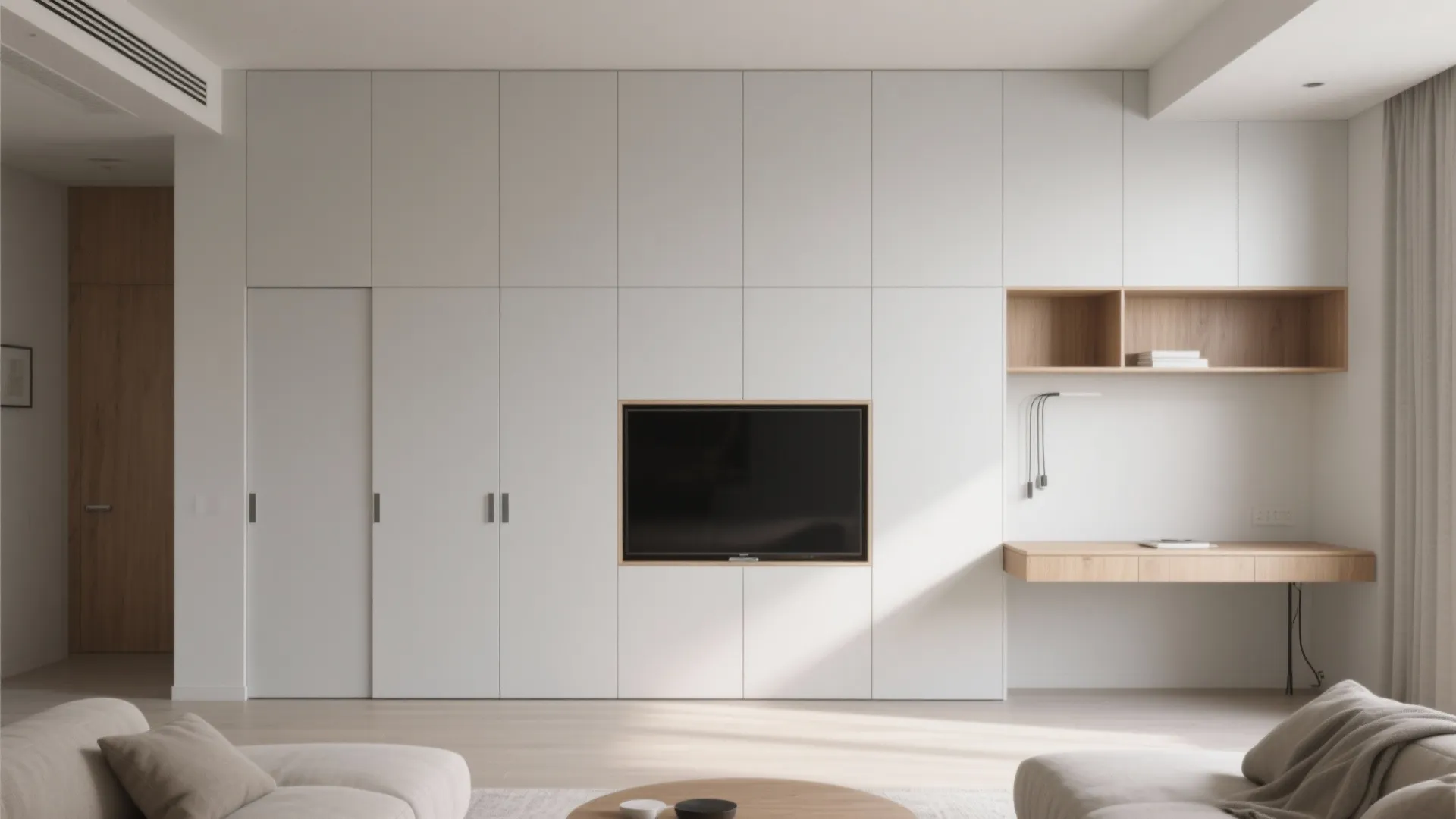 Modern white living room storage wall with built in television and wooden desk study area