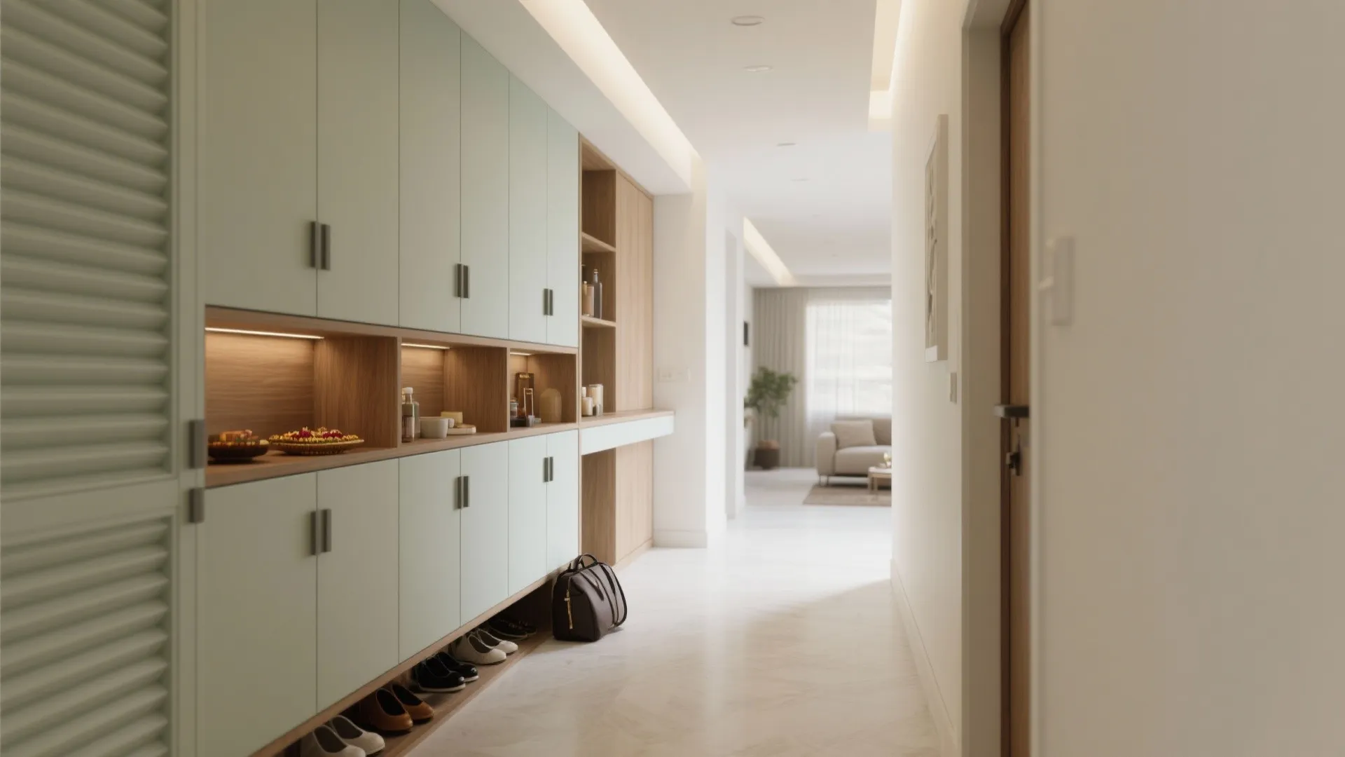 Minimalist storage wall from entry to living