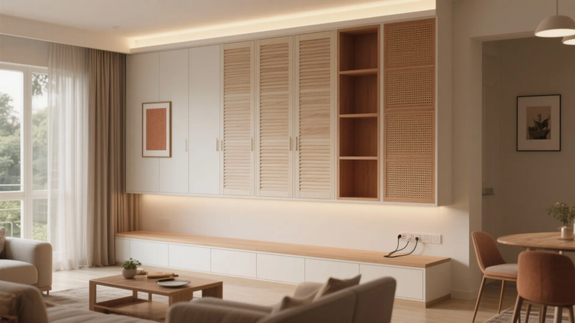 Warm-Minimal Storage Wall for Living–Dining