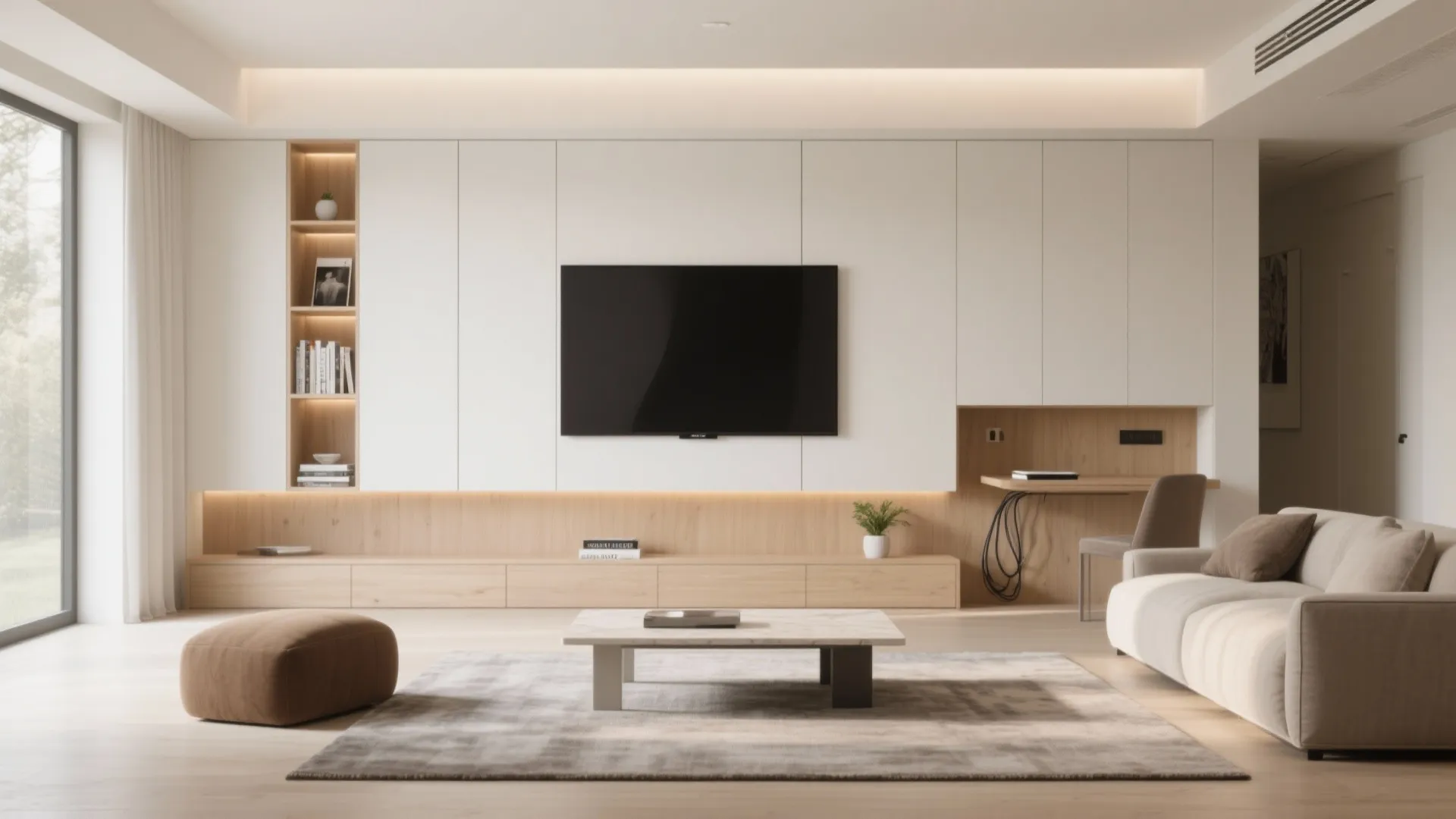 Minimalist storage wall that frames the living room