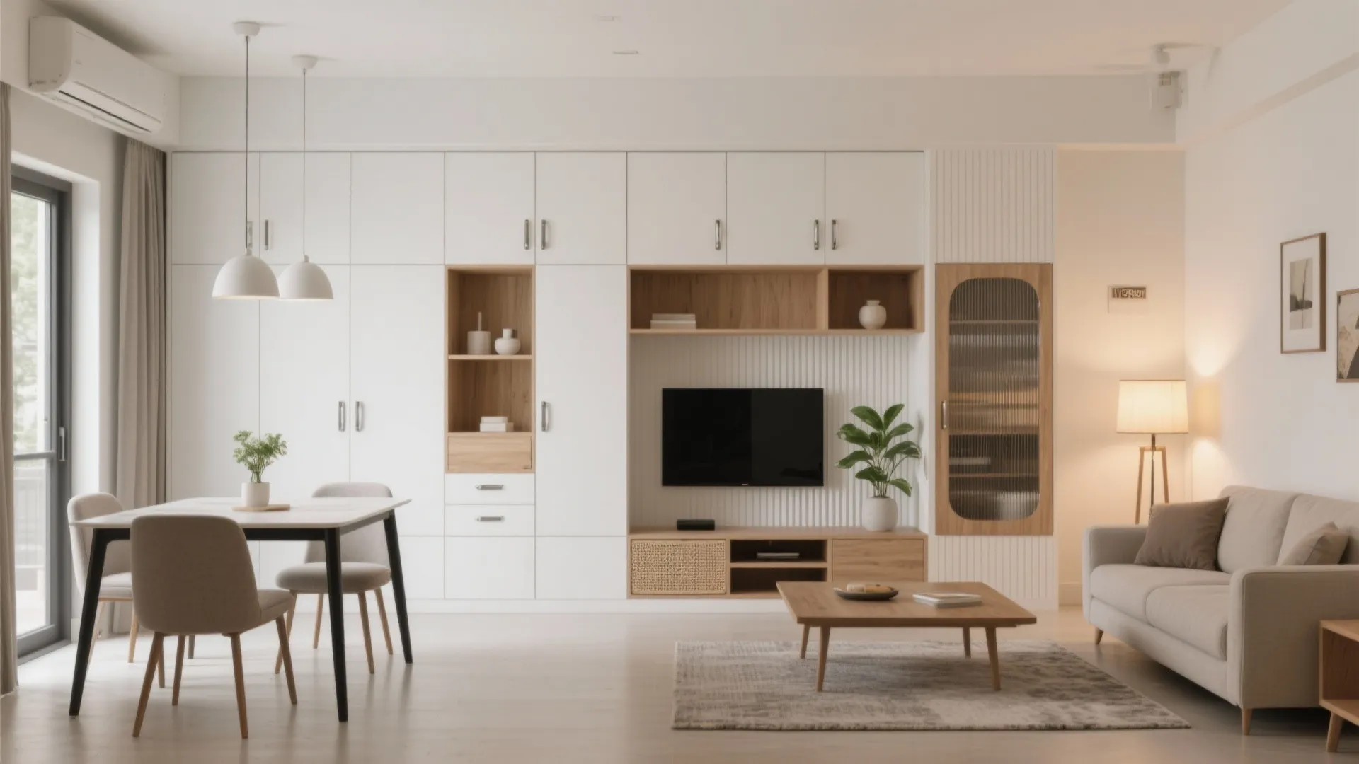Minimalist storage walls in the living-dining