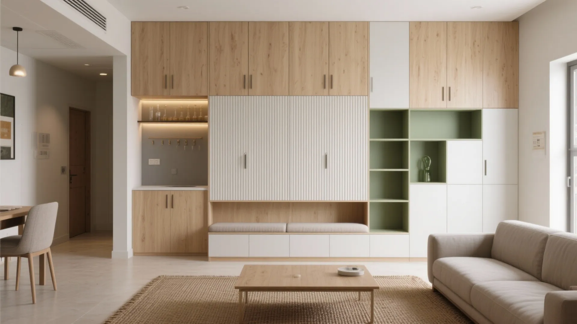 Warm Minimalism Storage Wall in the Living Room