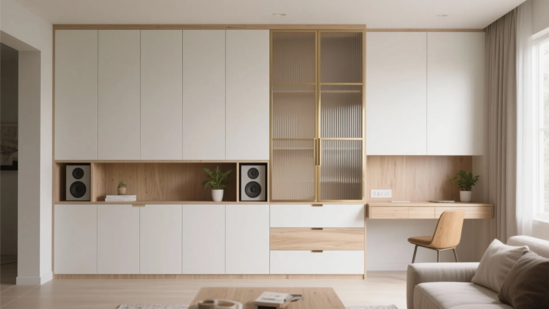 Minimalist storage wall in the living room