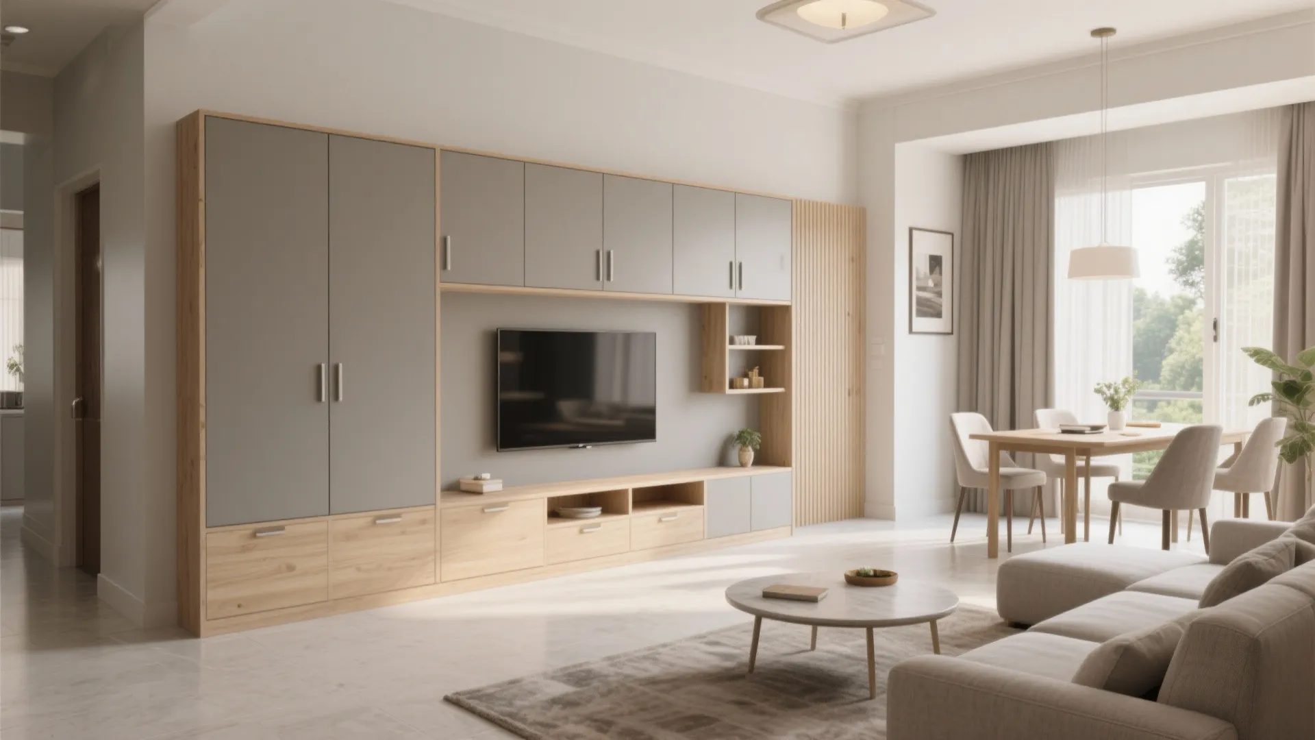 1) Minimalist Storage Wall + Calm Palette for Living-Dining