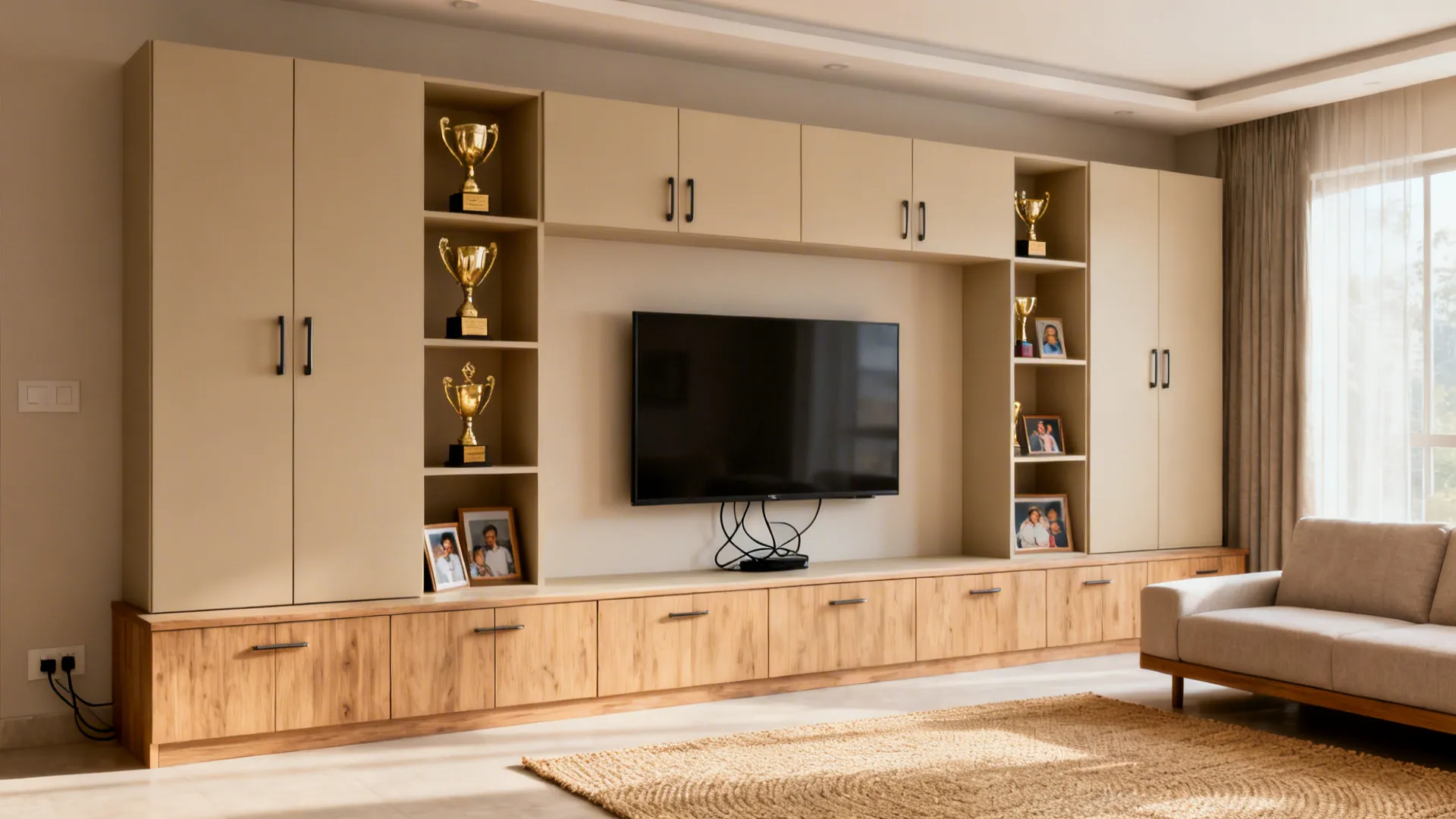 Living room with full-height media storage wall and a few open display niches
