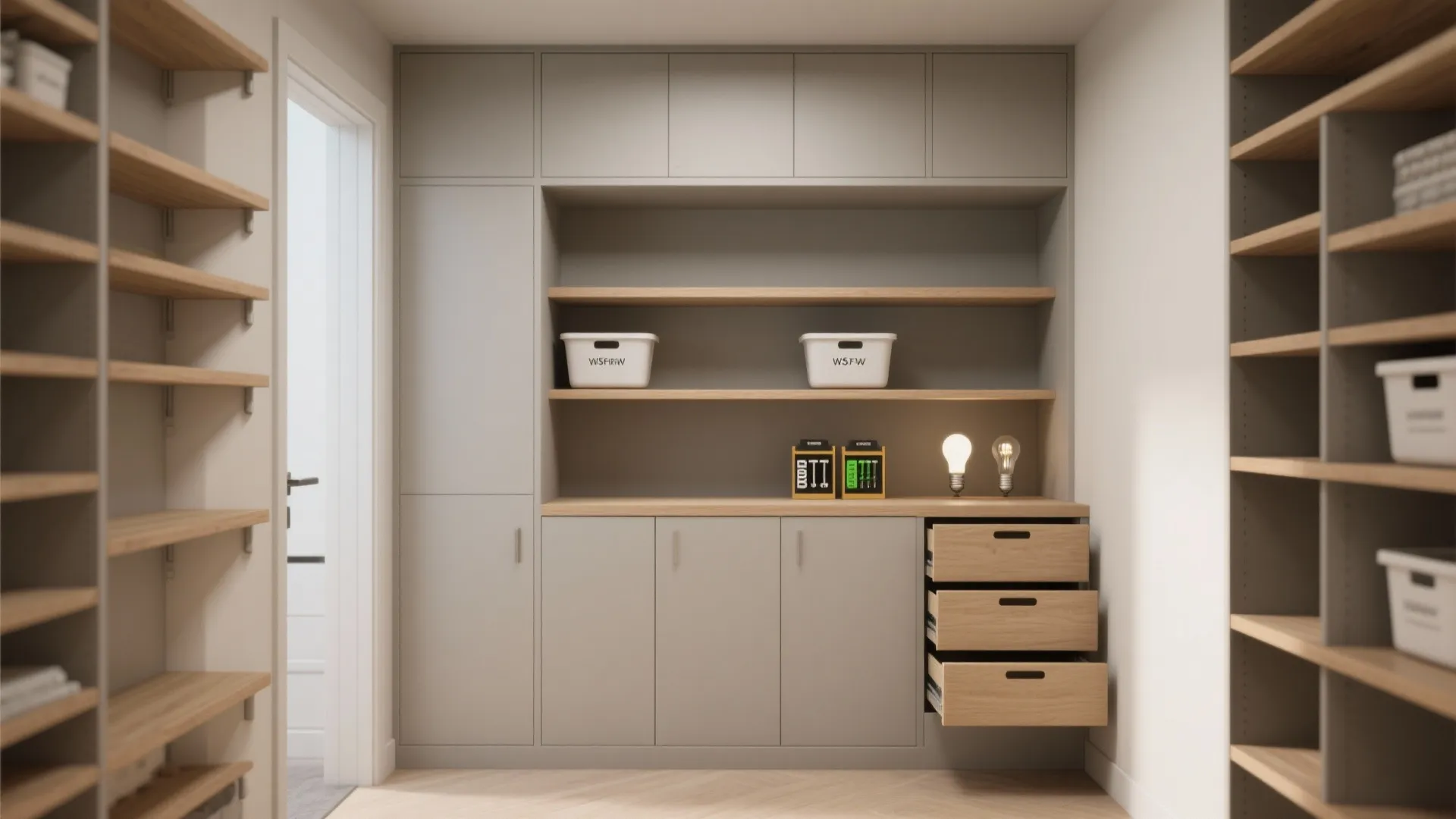 Modern grey cabinet unit with wooden shelves storage boxes drawers and open room layout design