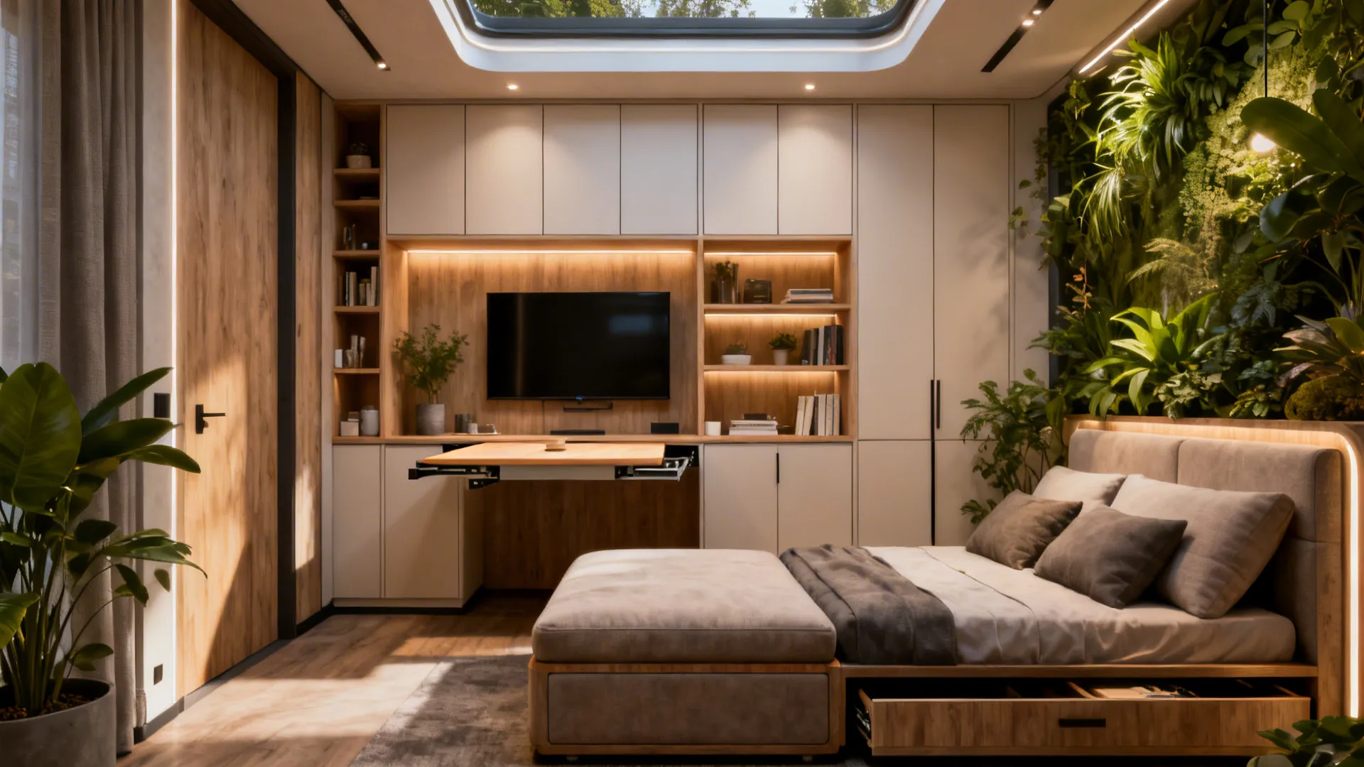 5. Built-In Storage Wall + Multifunctional Furniture