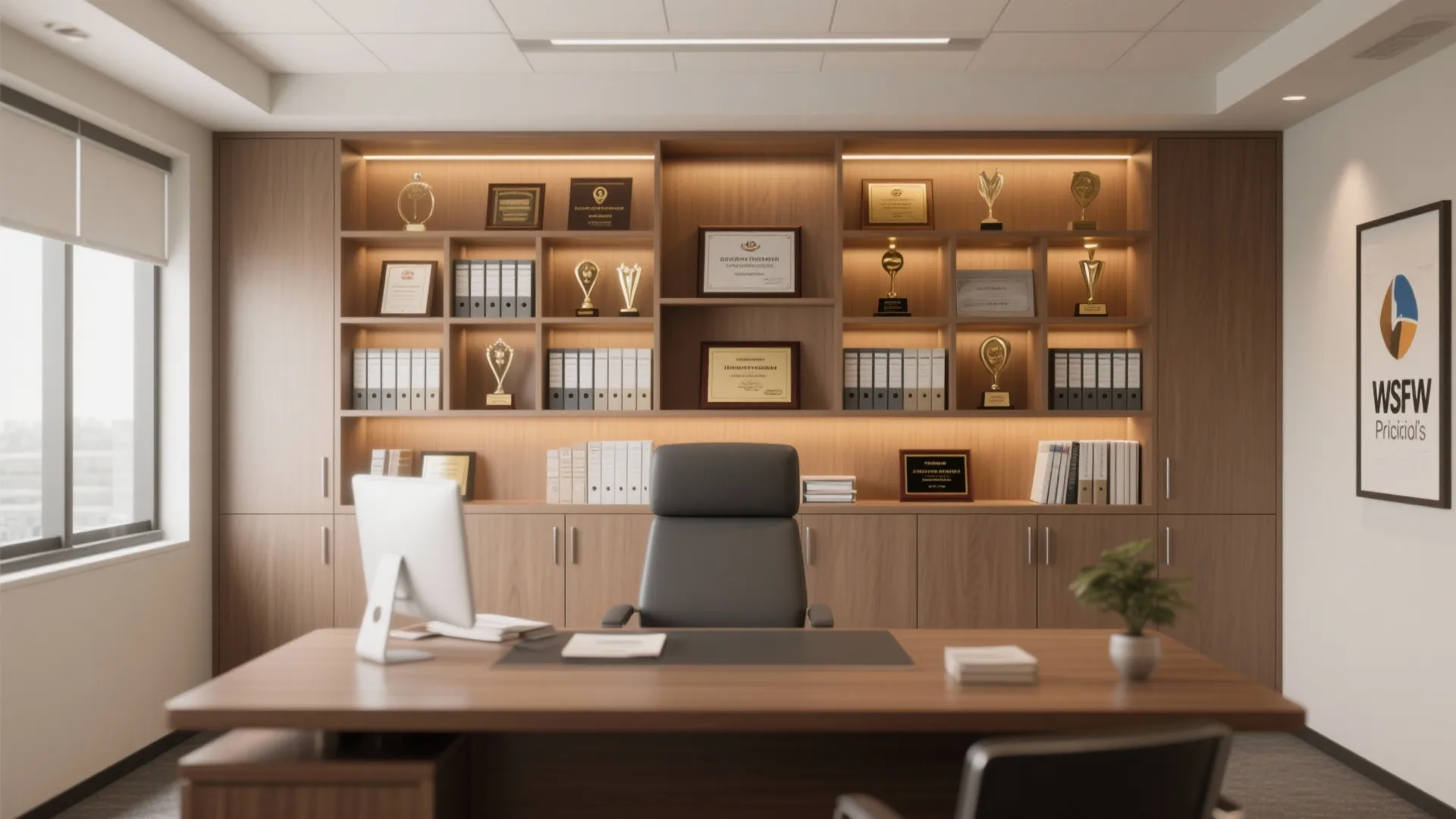 Modern wood office cabinet with lighting showing trophies books folders a desk and black chair
