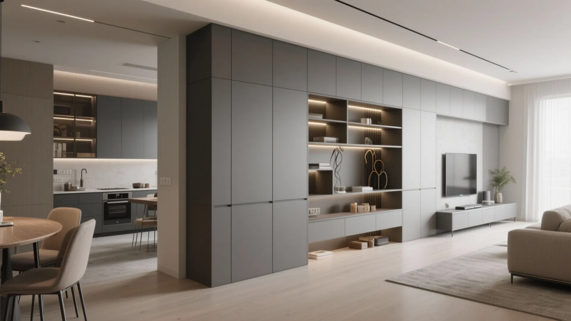 Modern grey cabinet wall with built-in shelves separating a kitchen and living room interior space