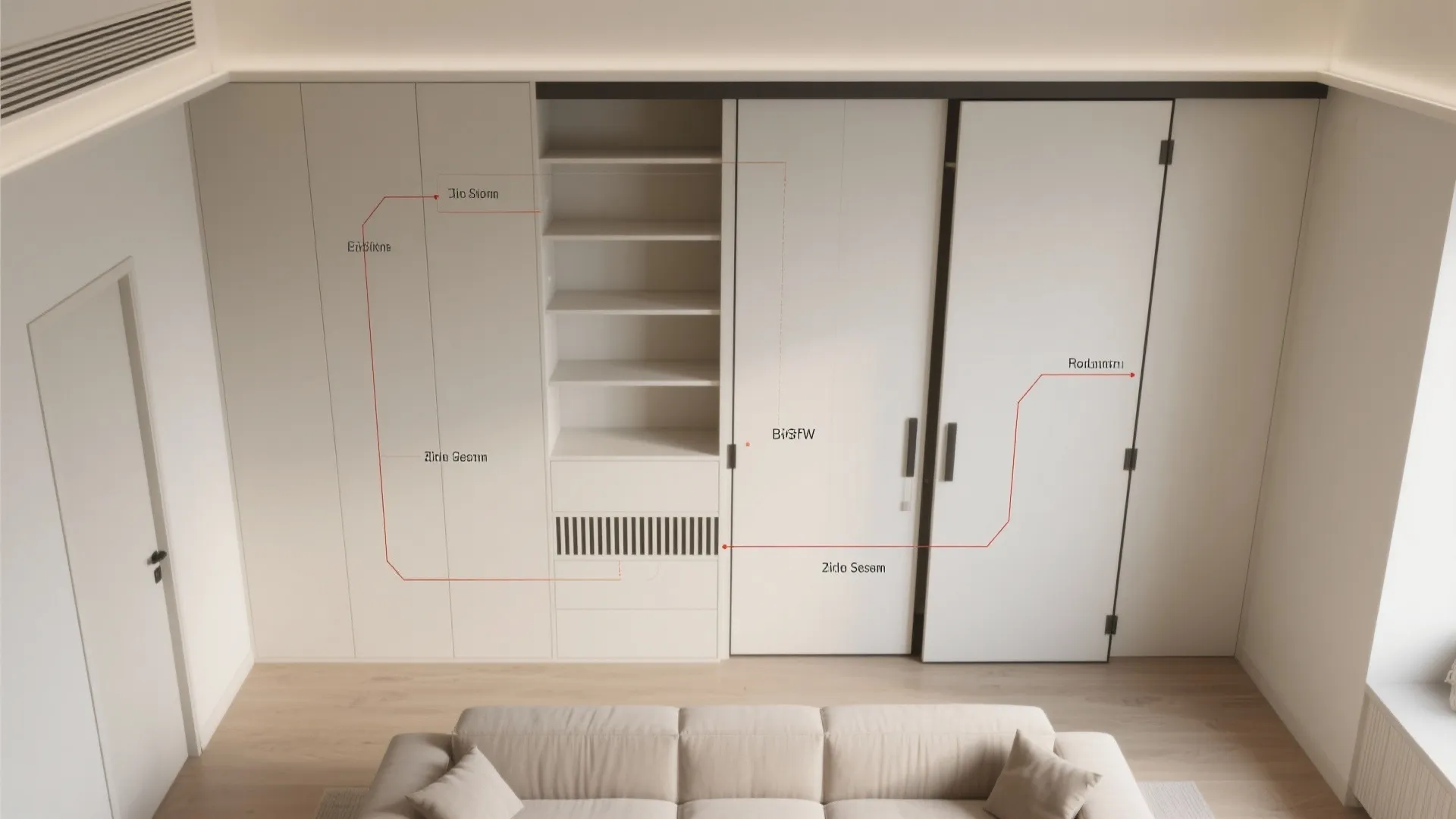 Top-down view of storage wall with bi-fold door swing and niche depth for pooja.