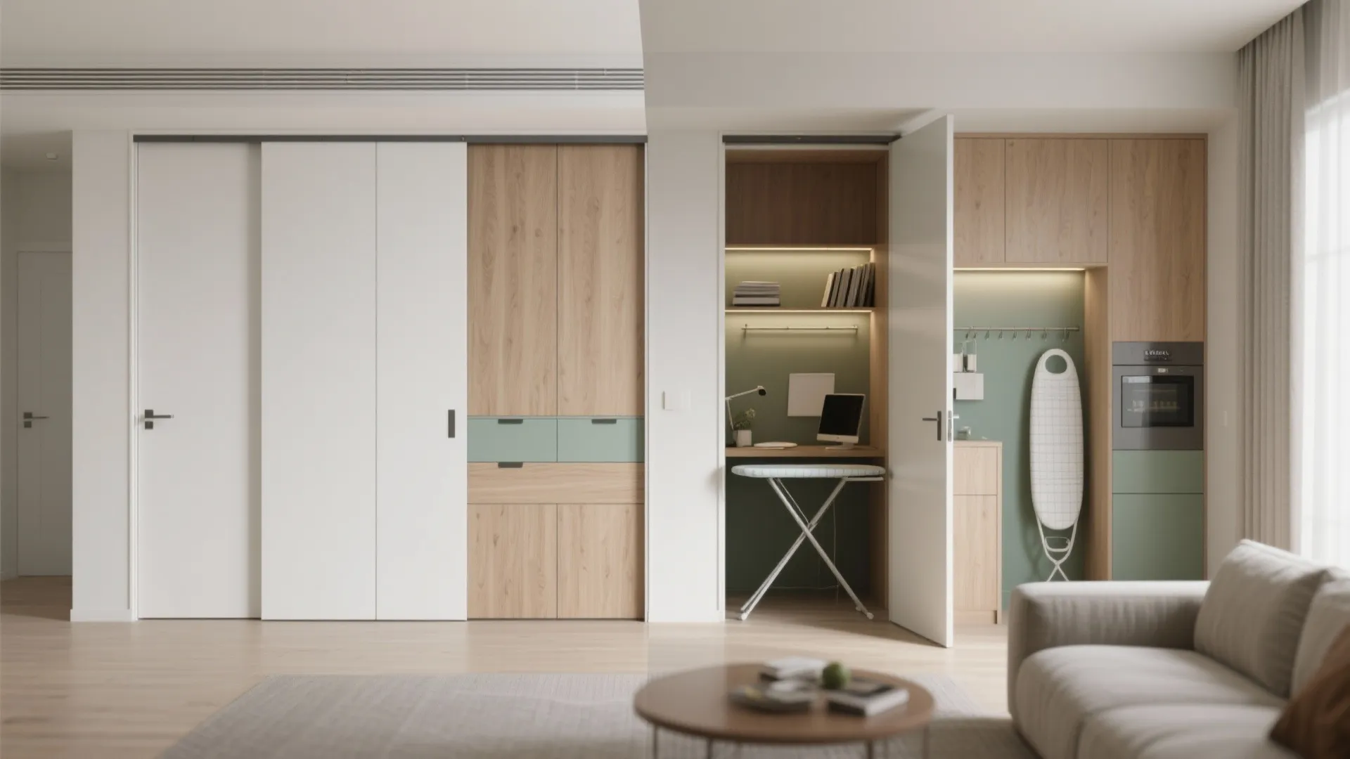 Minimalist Storage Wall with Pocket Doors