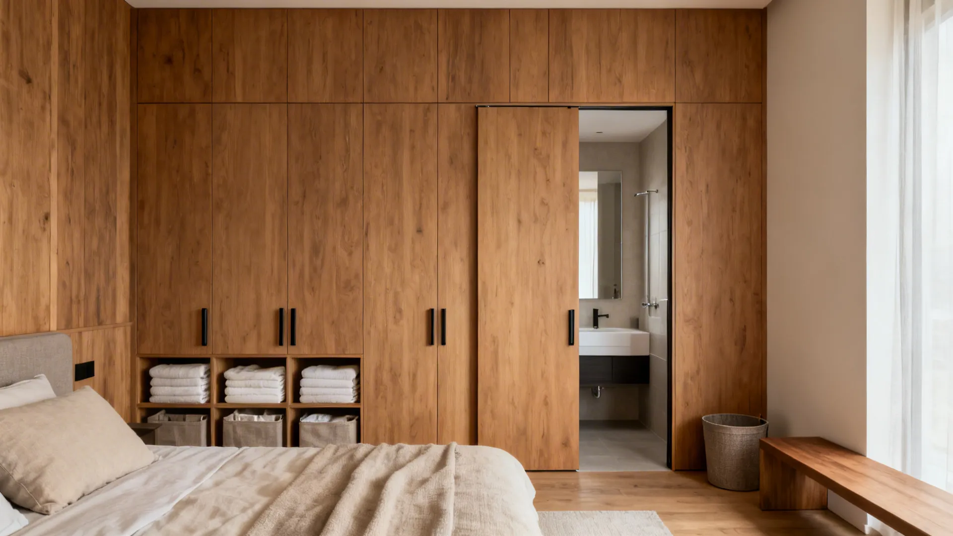 Storage wall with pocket door to the bath