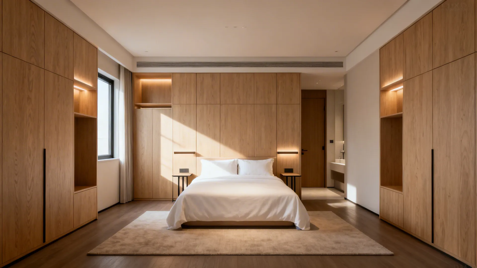 Minimalist storage wall with shallow wardrobes framing a centered queen bed in a 13x13 room.