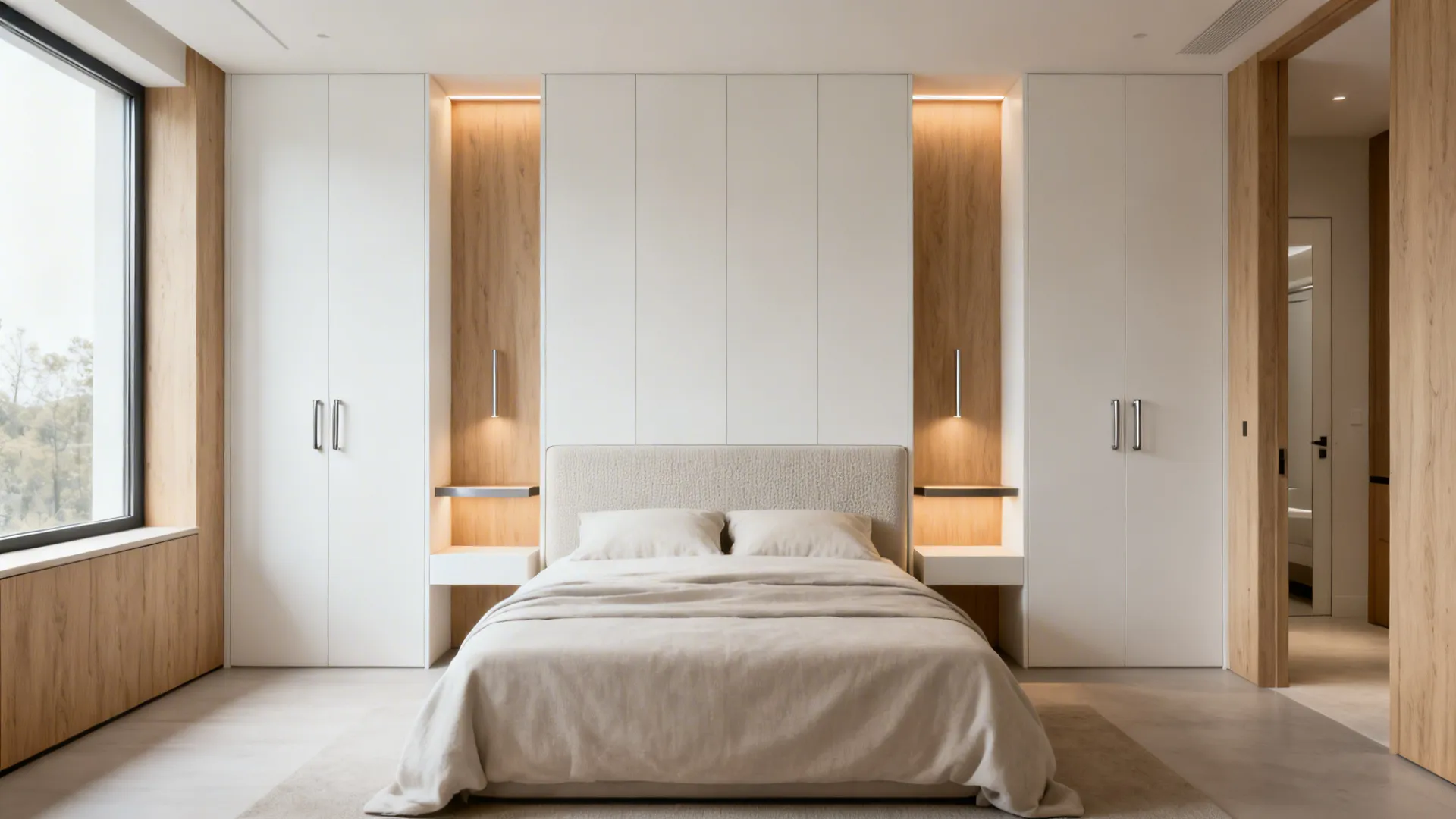 Minimalist bedroom featuring white wardrobes, wood wall panels, beige bed, wall lights, and large window