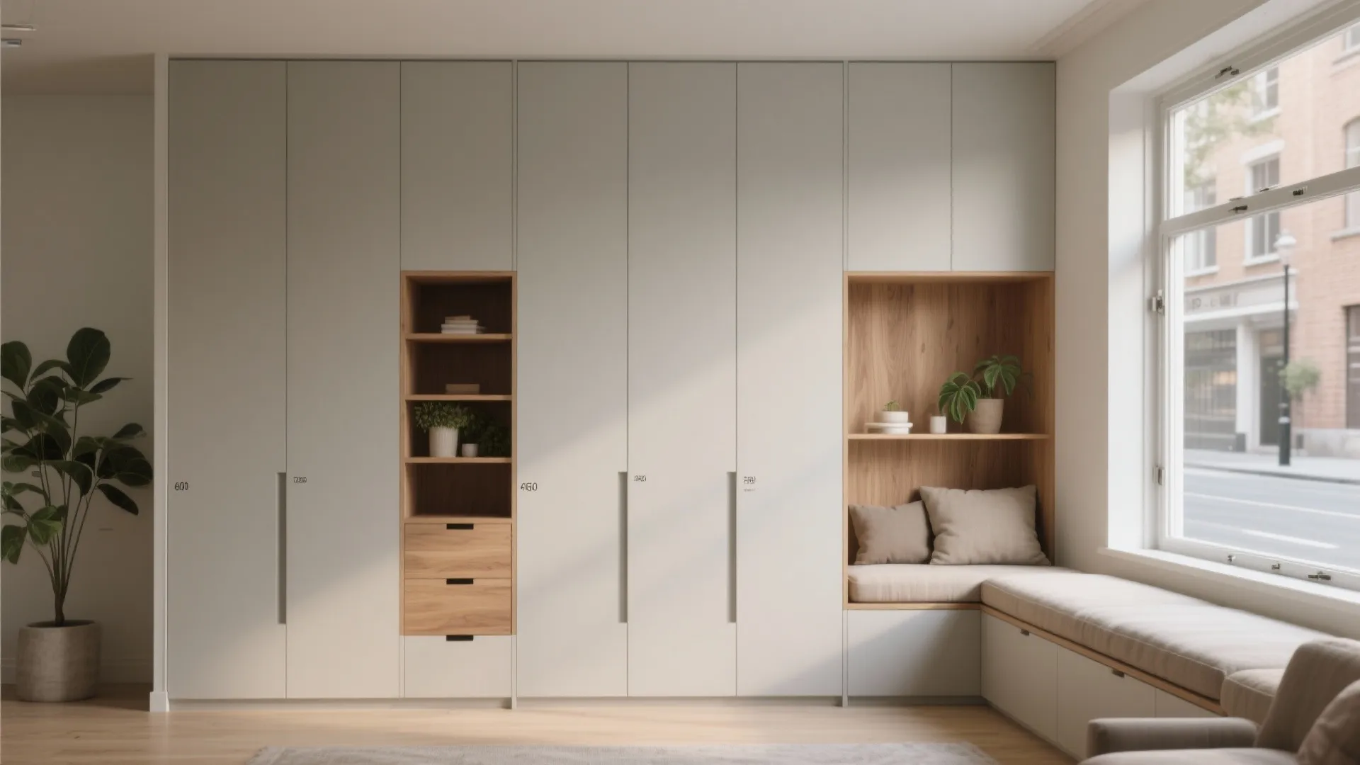 Floor-to-ceiling storage wall with a window seat