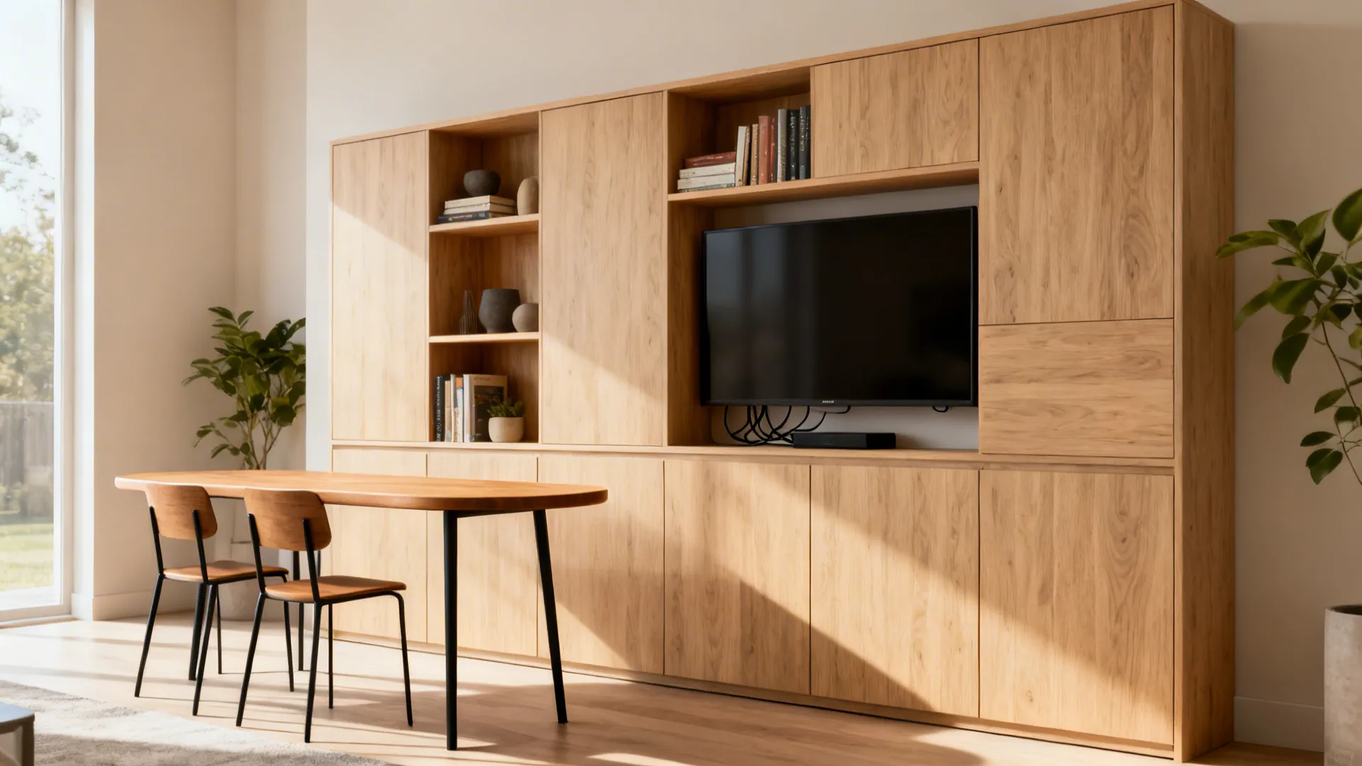 Minimalist shallow storage wall with mixed fronts beside a slender rounded-edge dining table in a small living-dining room.