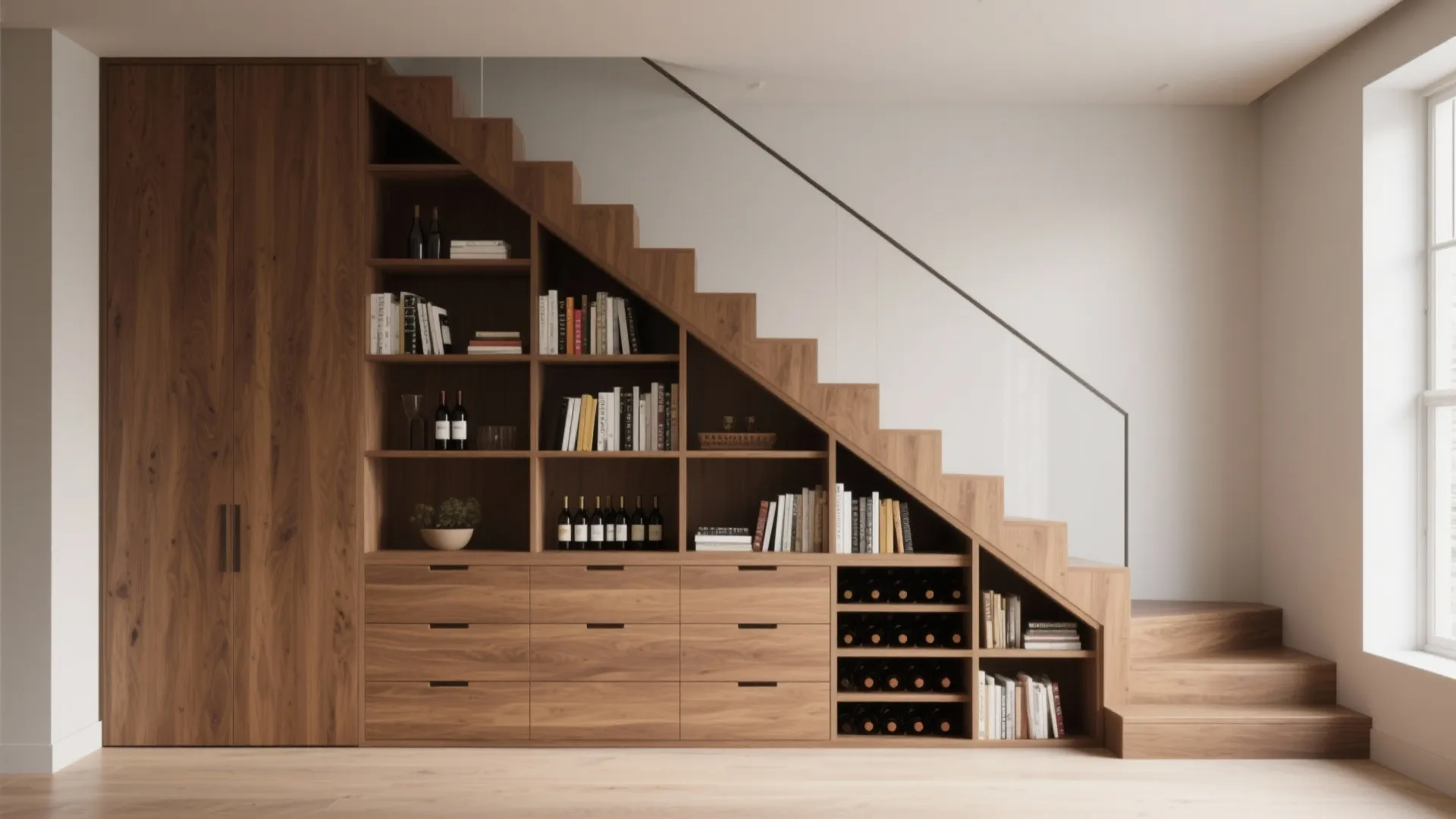 Wooden staircase featuring built-in storage with bookshelves drawers wine racks and clear glass railing design
