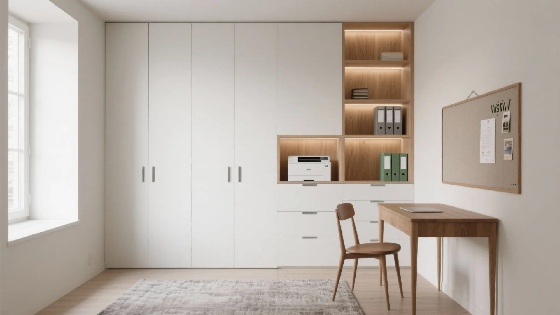 Minimalist full-height storage wall with closed cabinets and oak display niches in a small study.