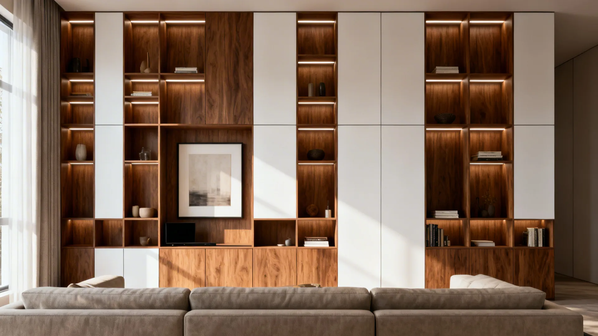 Modern living room with a large wooden wall cabinet featuring built in lights and white panels