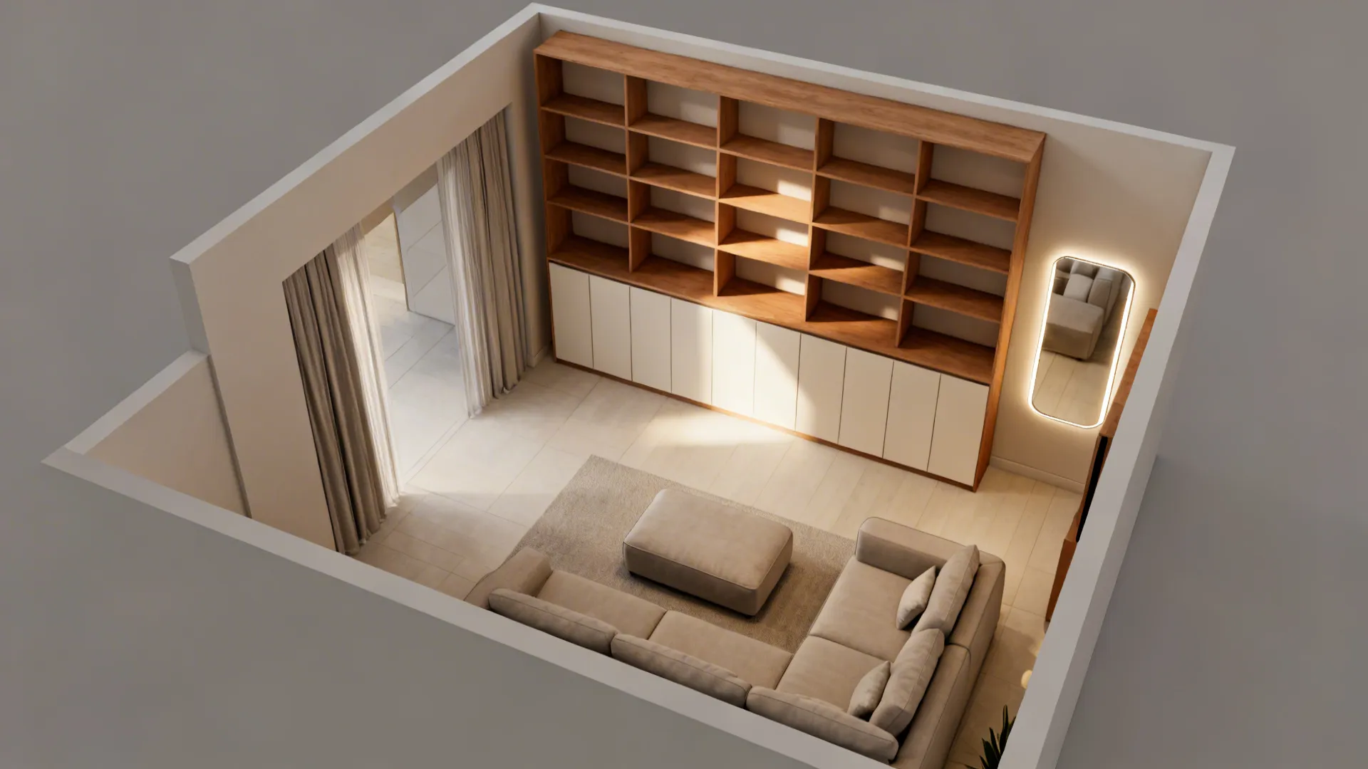 Top-down layout showing a storage wall and clear circulation in a compact living room.