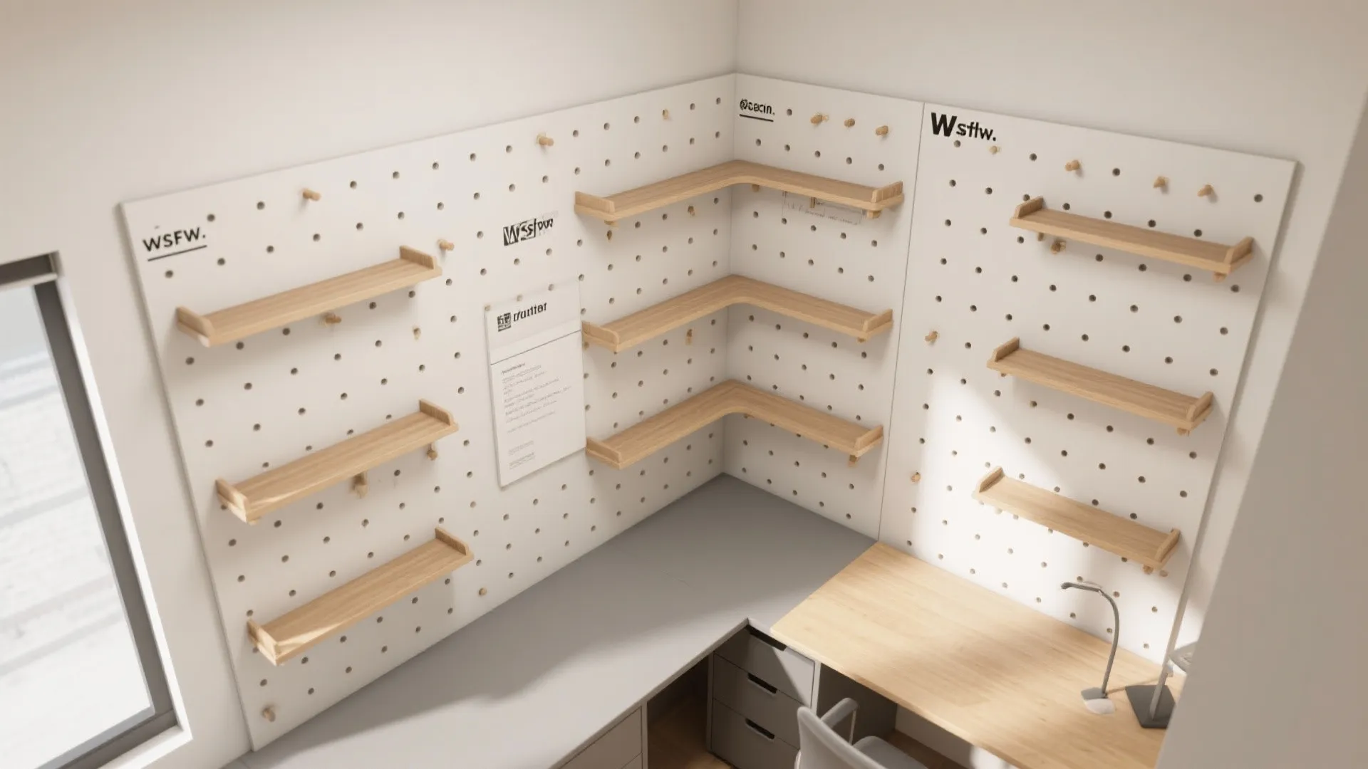 2) Vertical storage wall: pegboard + shallow shelves to free the desktop