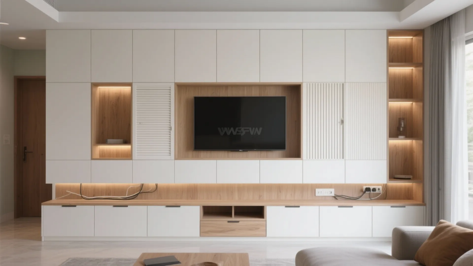 Minimalist storage wall that doubles as a calm TV unit