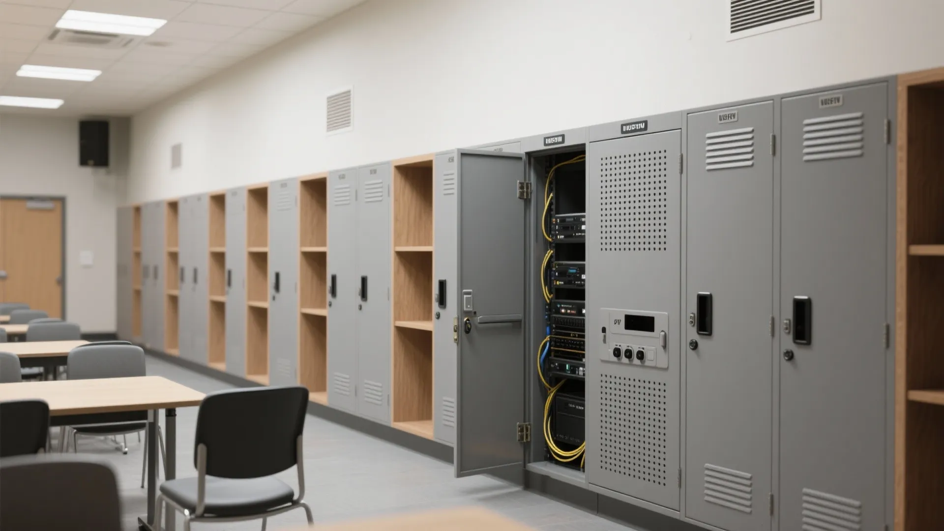Full-height storage wall with deep bays and ventilated AV charging cabinet.