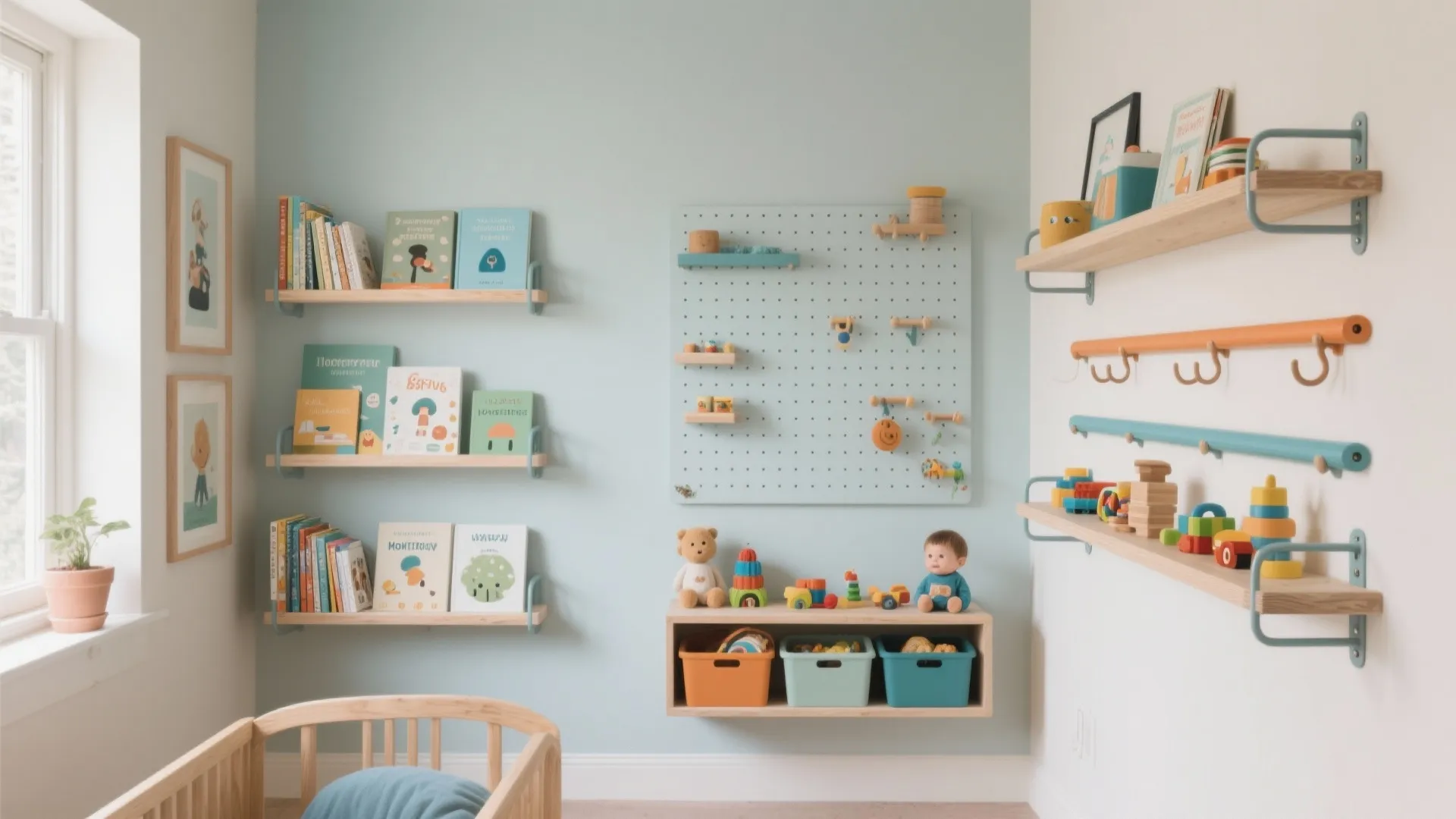 Storage-as-wall: rails, ledges, and pegboards