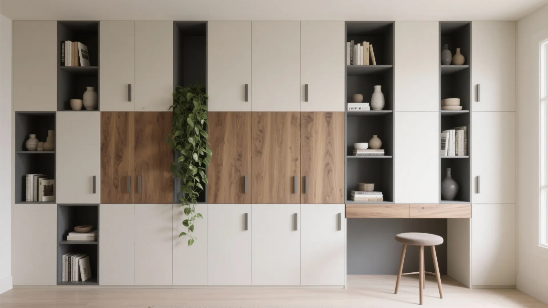 Modern storage unit featuring white cabinets, wood panels, open shelving, green plant, and small desk