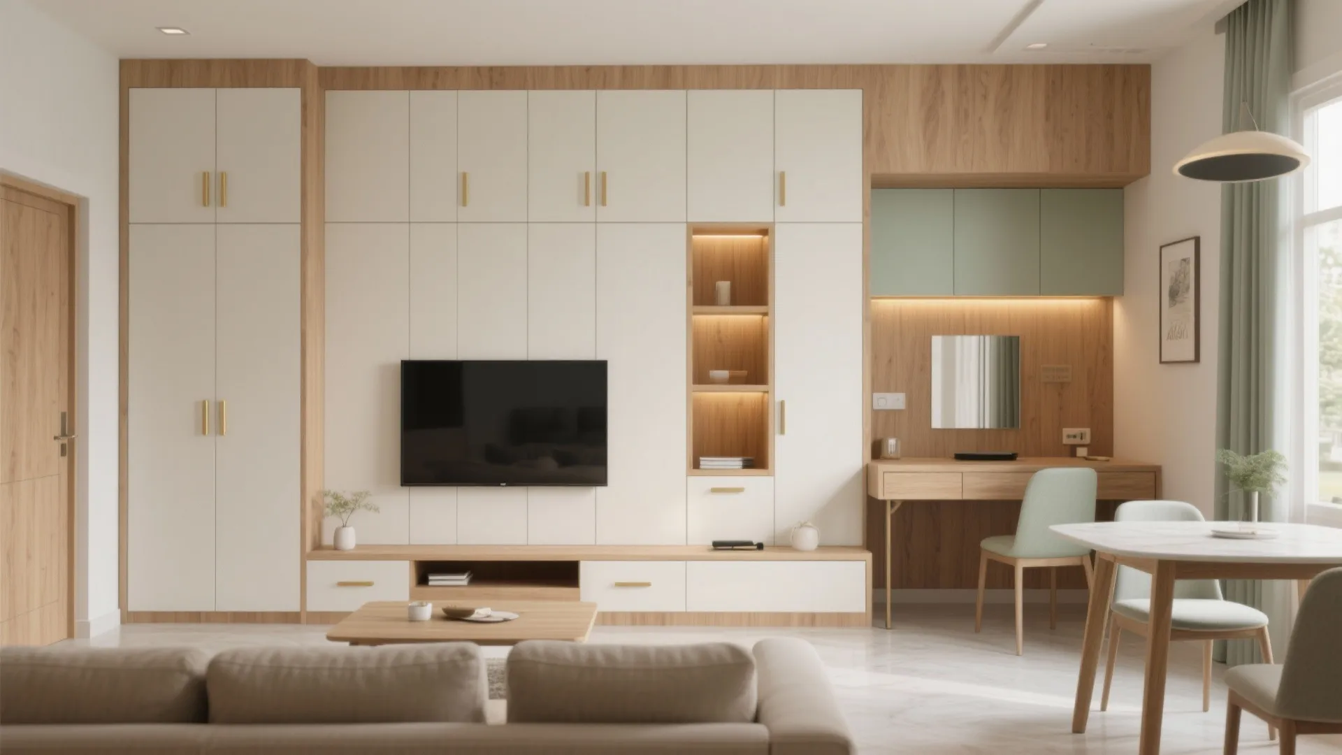 2) Minimalist storage wall that hides clutter and calms the room