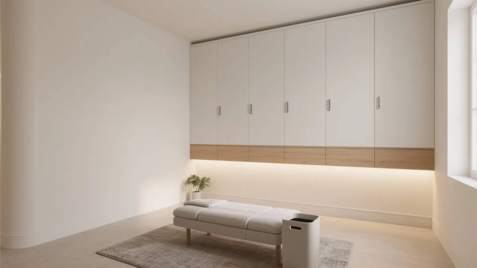 Modern clinic room featuring white wall cabinets with wood accents a massage bed and grey rug