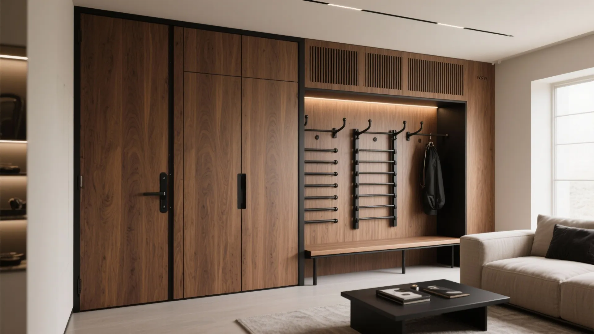 Minimalist Storage Wall with Hidden Racks