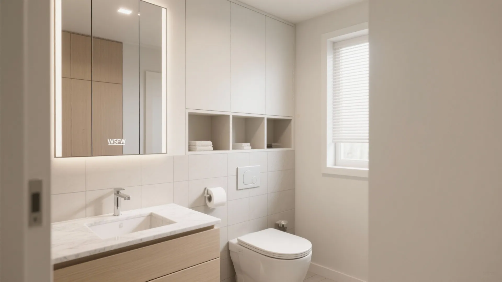 Modern minimalist bathroom with white storage cabinets marble sink top light mirror and white toilet