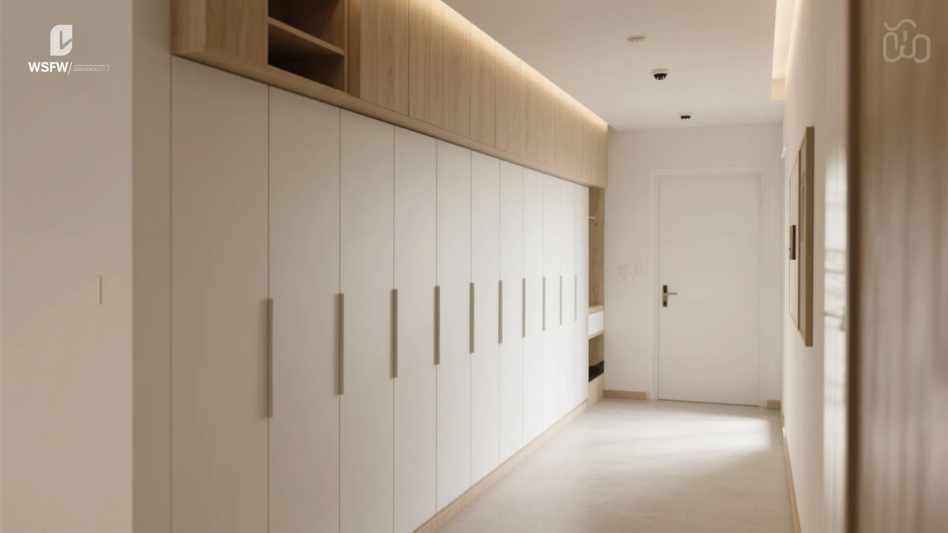 Modern hallway featuring long white storage cabinet with wood top and warm hidden ceiling lights