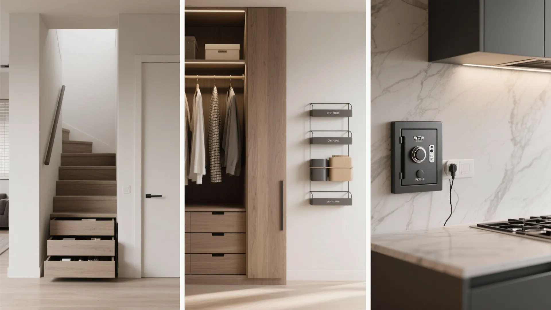 Macro collage of built-in storage details and concealed washer hookup by a kitchen island