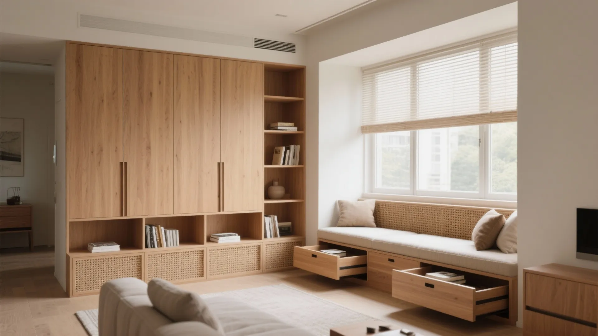 Light wood wall cabinet and window seat with pull out storage drawers in living room