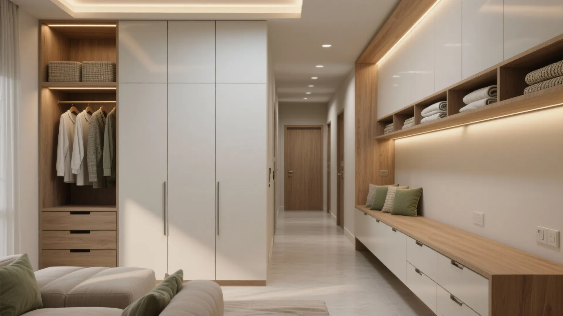 Storage layers, light colors, and the warmth of wood