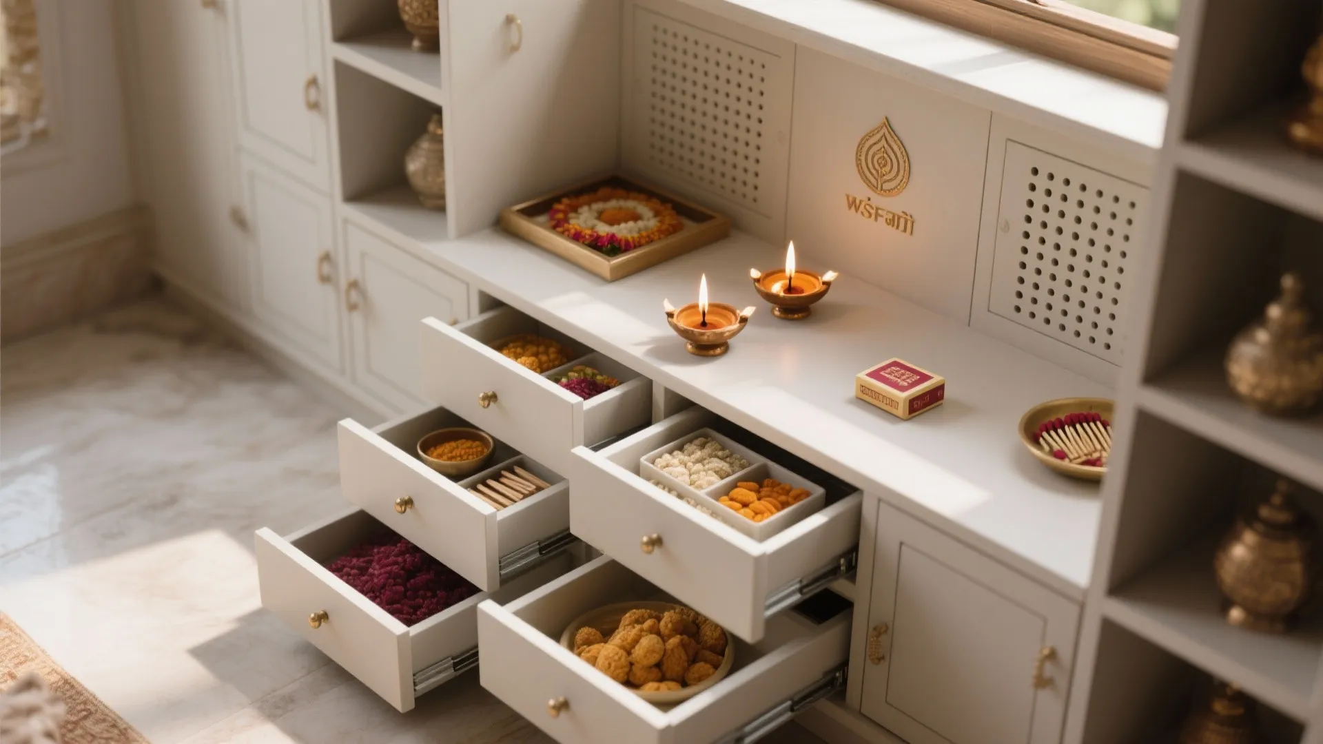 Top-down layout of drawers, pull-out tray, and venting for a ritual-first pooja storage plan.