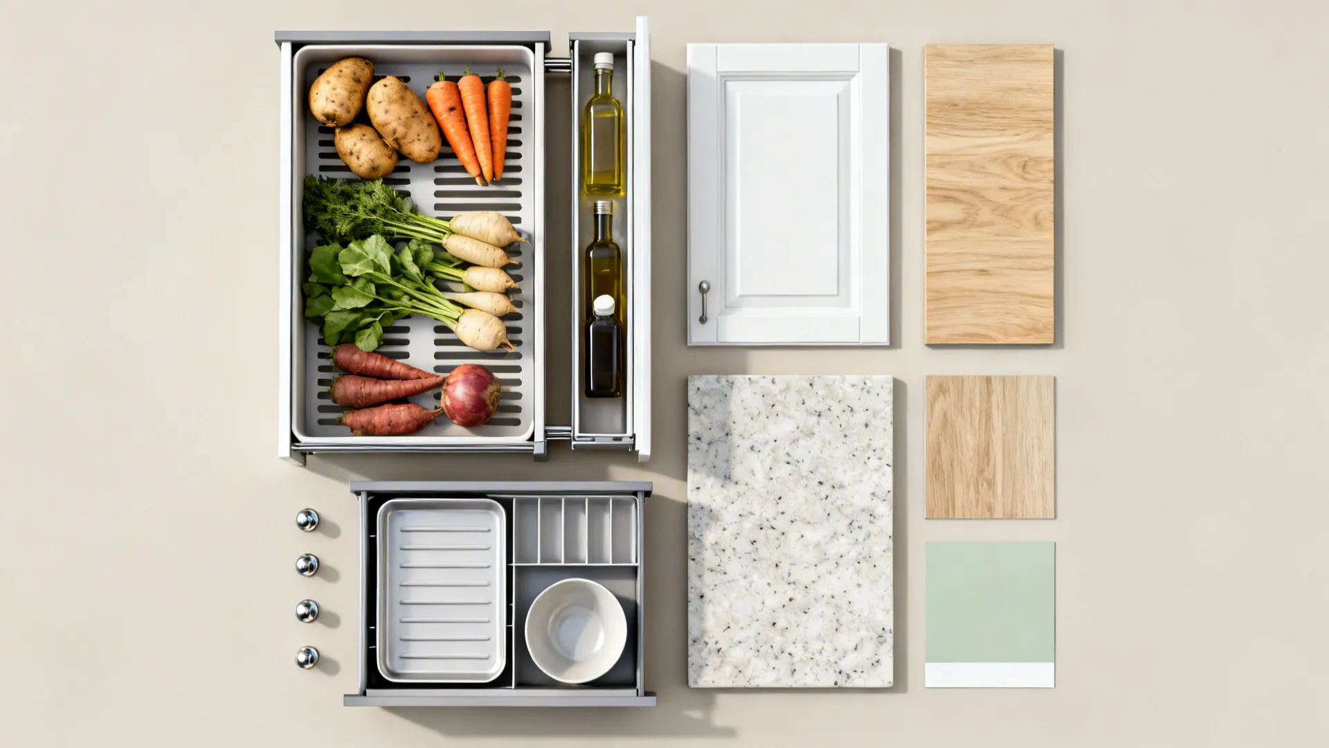 Flat lay of kitchen storage inserts and finish samples for a zoned layout.