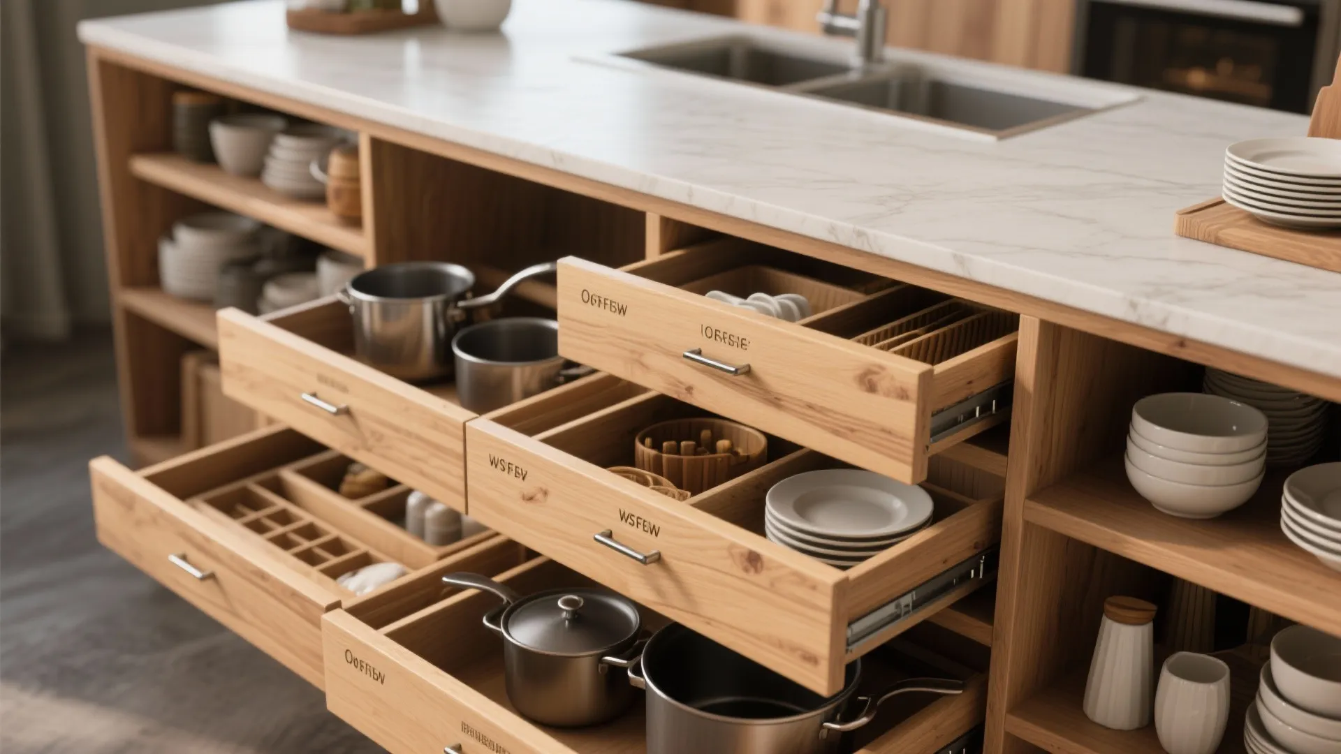 Close-up of an island's organized storage zones with deep drawers and open shelves.