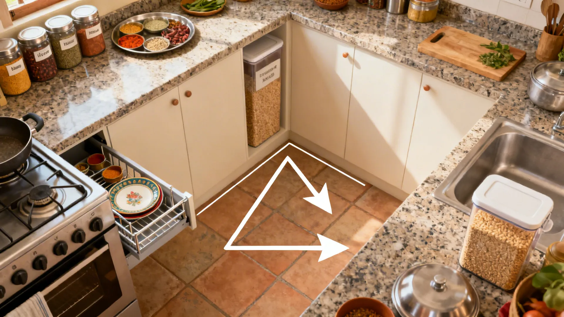 Top-down view of a compact L-shaped kitchen with zone-based storage and a slim pull-out near the hob.